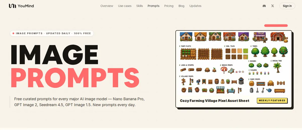 Page YouMind Image Prompts avec une galerie de prompts image IA