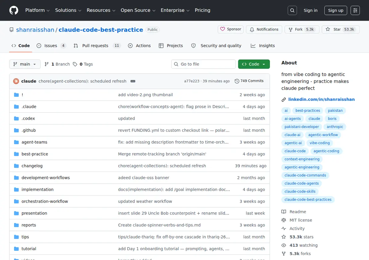 Capture de la page GitHub du pack Claude Code best practices, avec plus de 53 000 étoiles