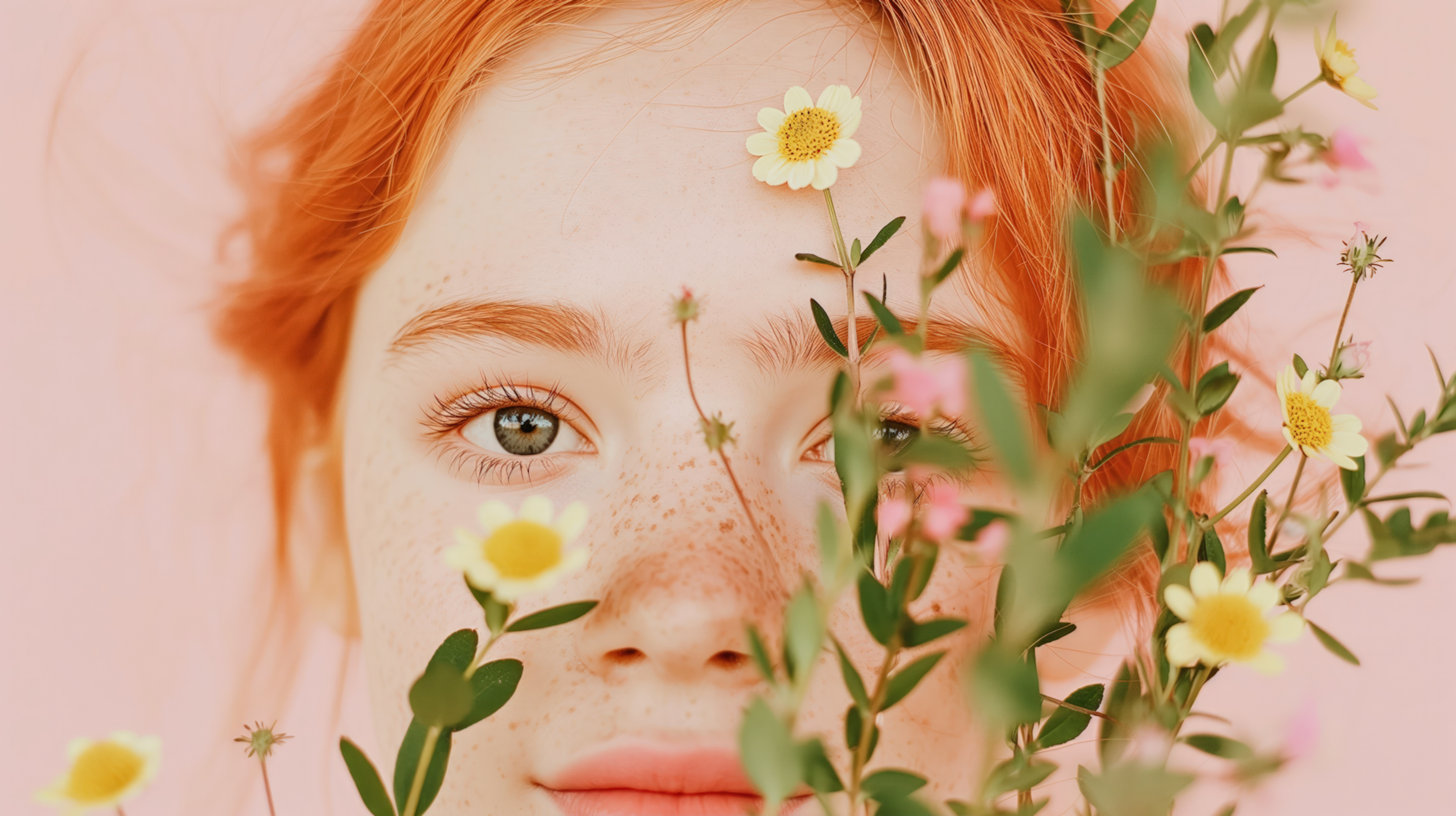 Red-haired woman behind flowers