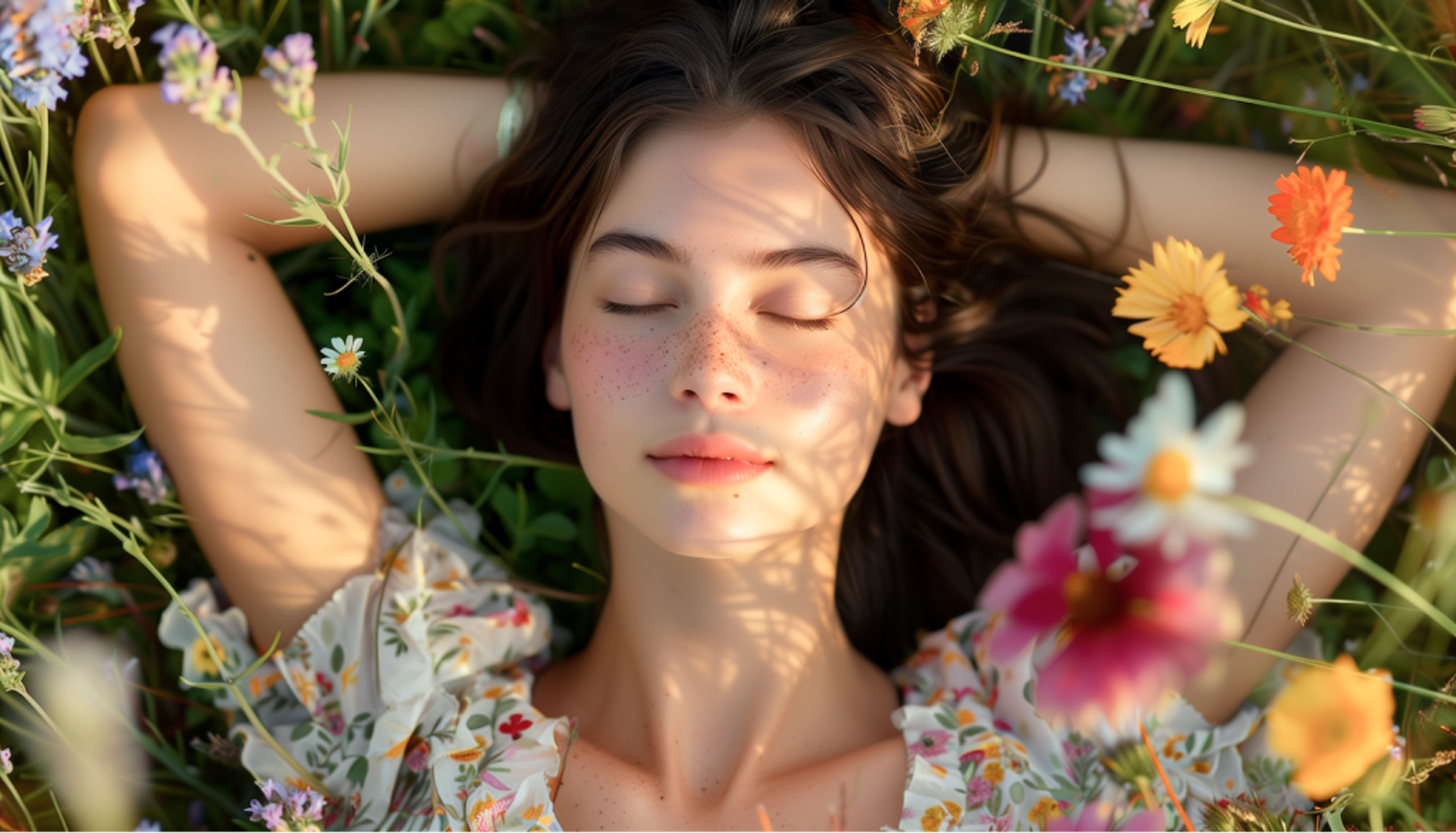 Woman lying in a meadow with her arms above her head