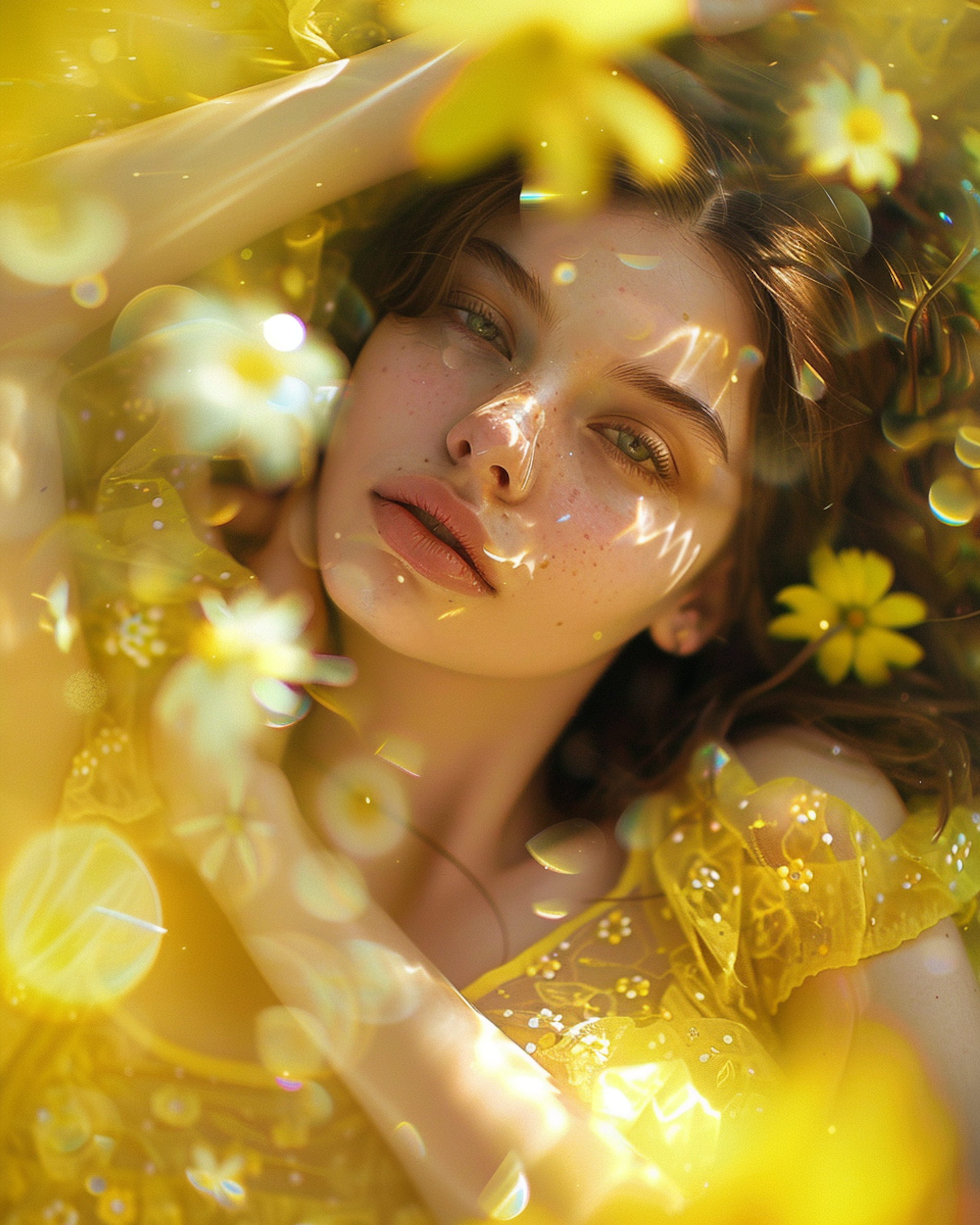 Woman lying among yellow flowers
