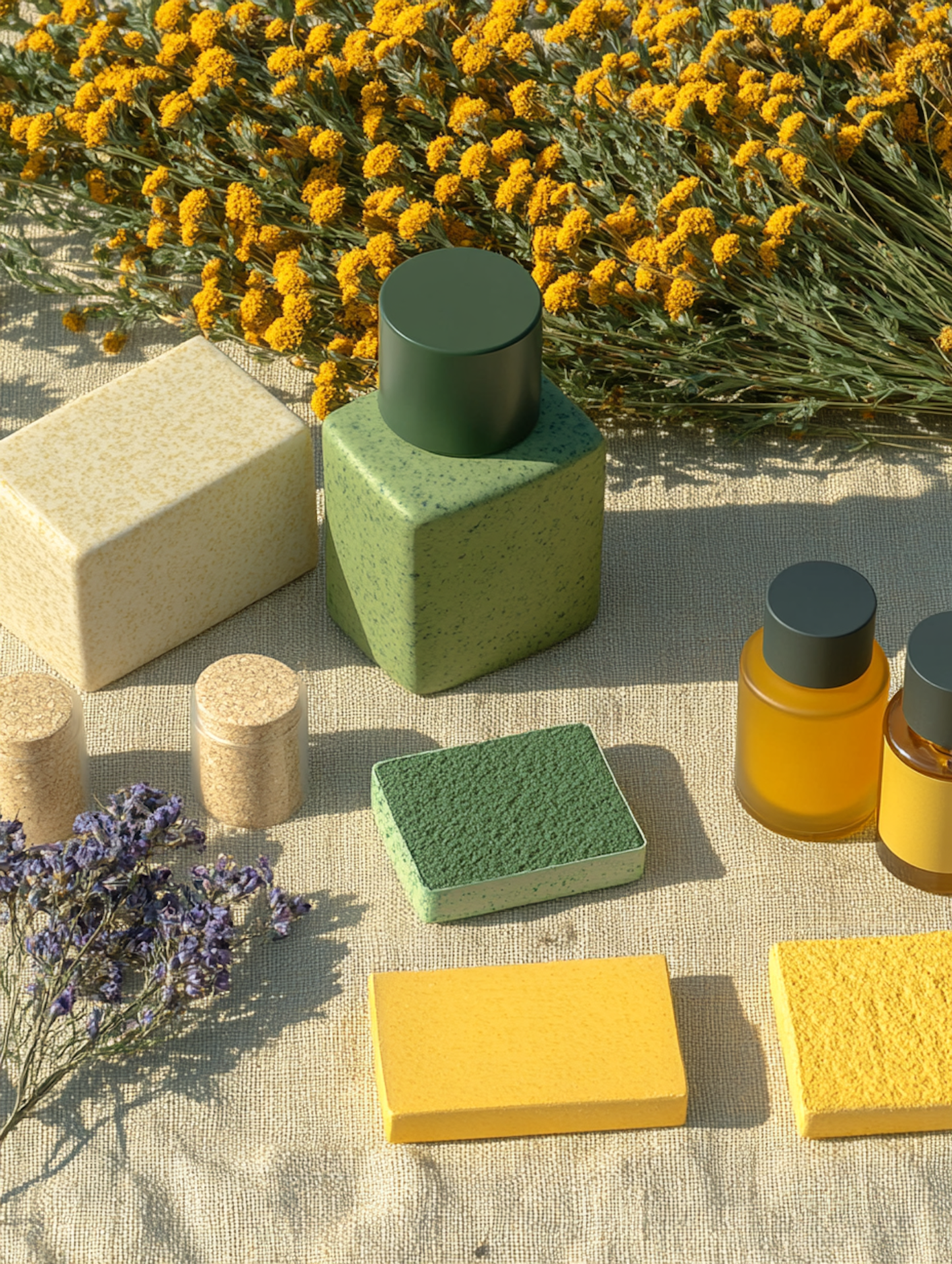 Skincare bottles and soaps among wildflowers