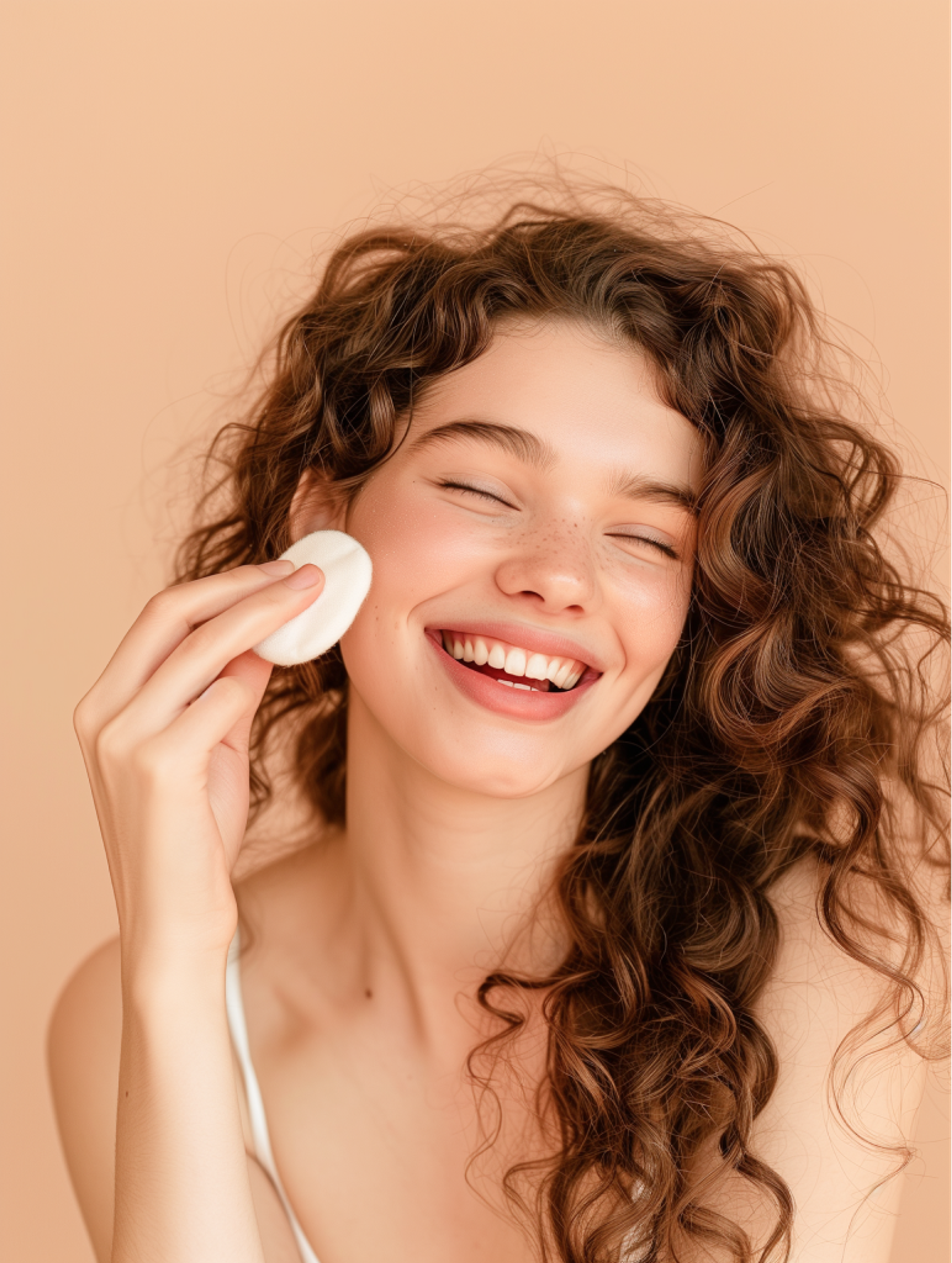 Smiling woman with curly hair holding a cotton pad