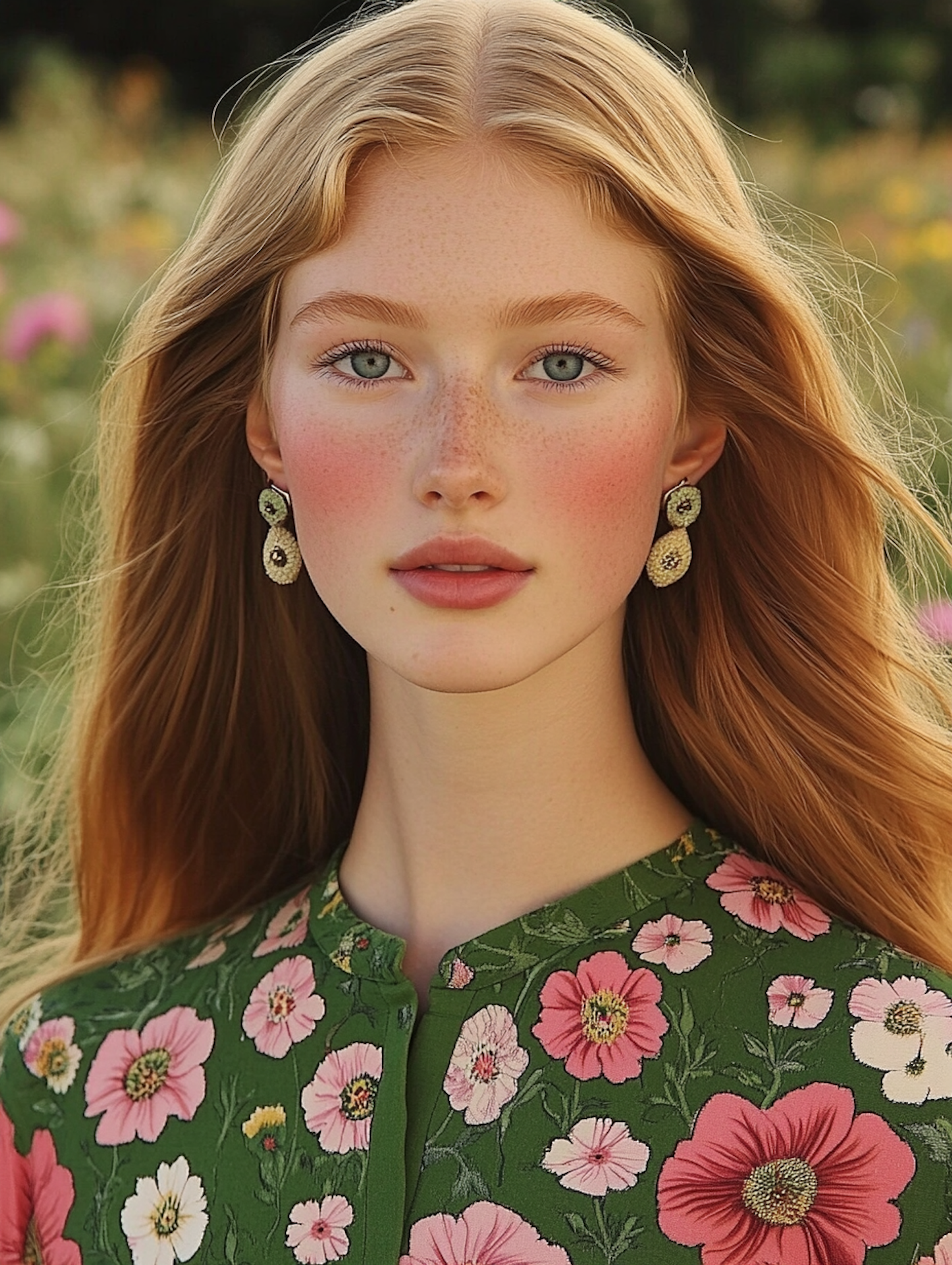 Red-haired woman in a floral dress