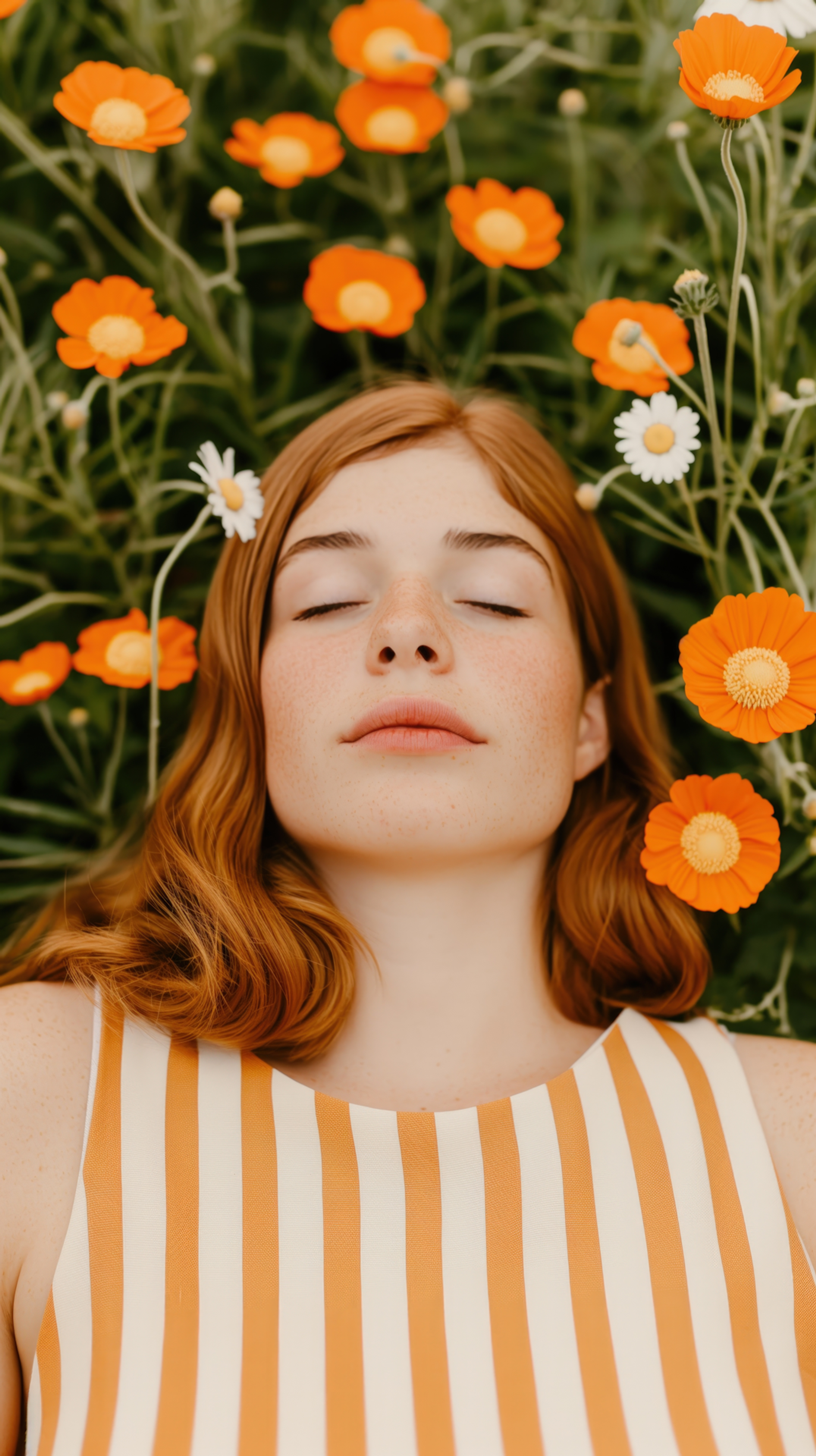 Woman resting in a field of orange flowers