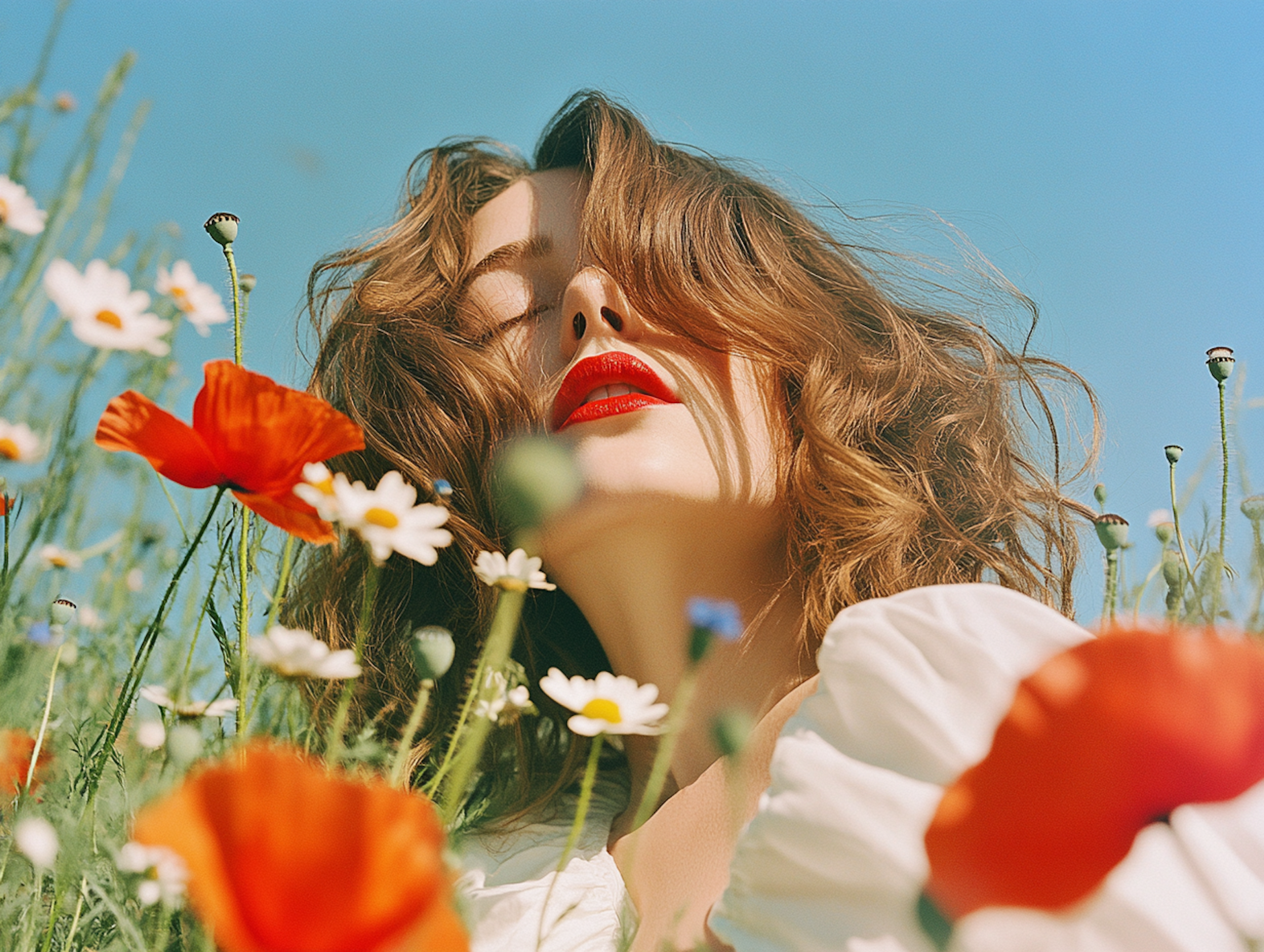 Woman with red lipstick among poppies and daisies