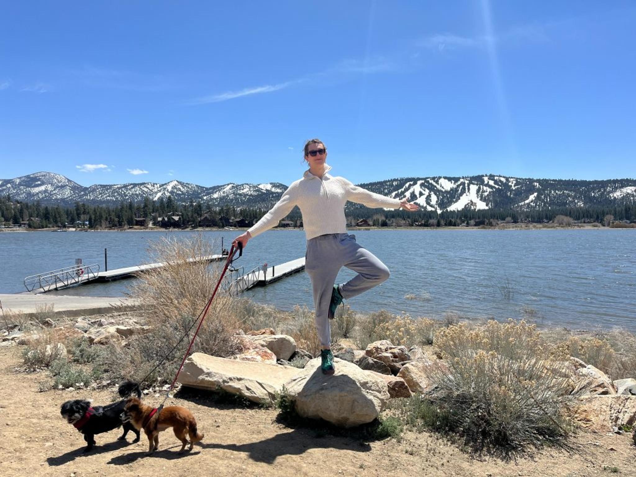 Max at Big Bear Lake in California with dogs, Milou (on the left) and Charlie (on the right).