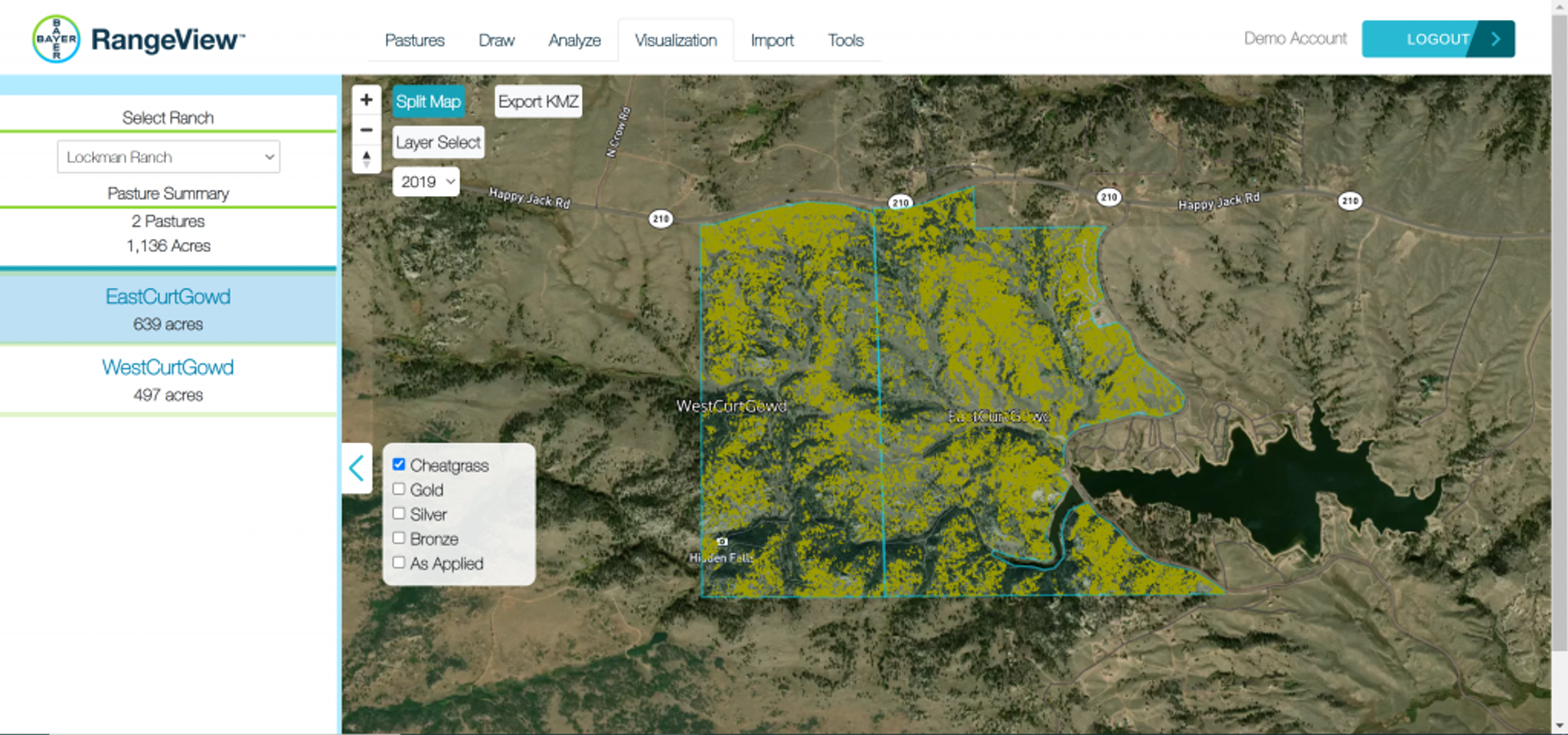 Rangeview combines vegetation research and proprietary algorithms with Planet satellite imagery to detect cheatgrass (Bromus tectorum) invasion on ranches in the western United States. Yellow pixels depict the density of cheatgrass on this ranch.