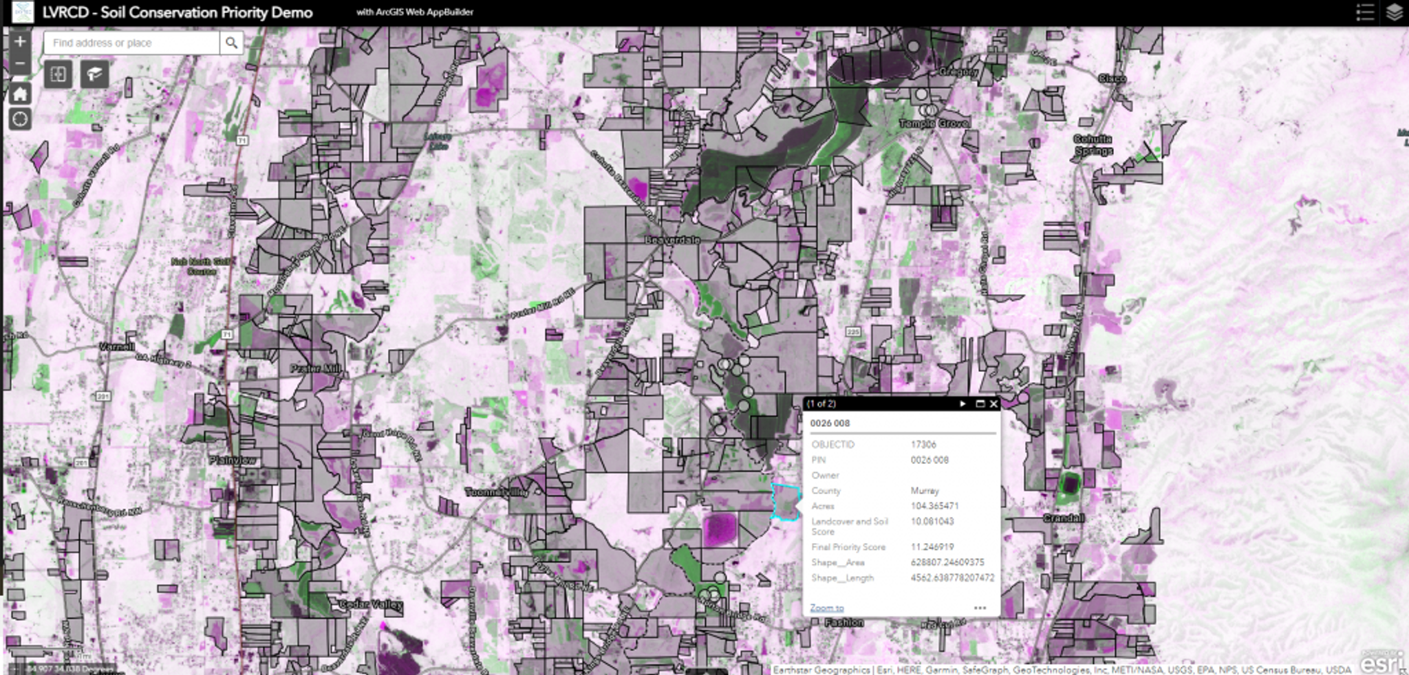 Final soil conservation priority and change detection visualization models from Planetscope imagery summarized to property tract boundaries in web app.