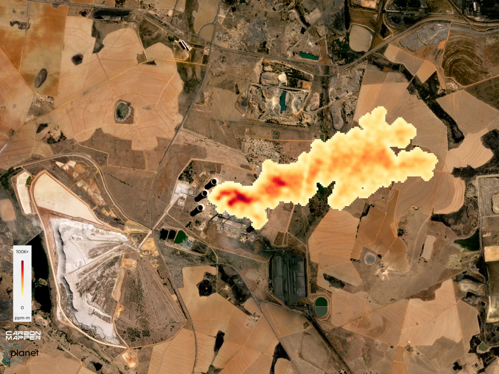 Plume of CO2 detected from a coal-fired power plant in Kendal, South Africa on September 19, 2024. Carbon Mapper’s preliminary estimate of the emission rate is 600,000 kg CO2 /h. Planet Basemap courtesy of Planet Labs.