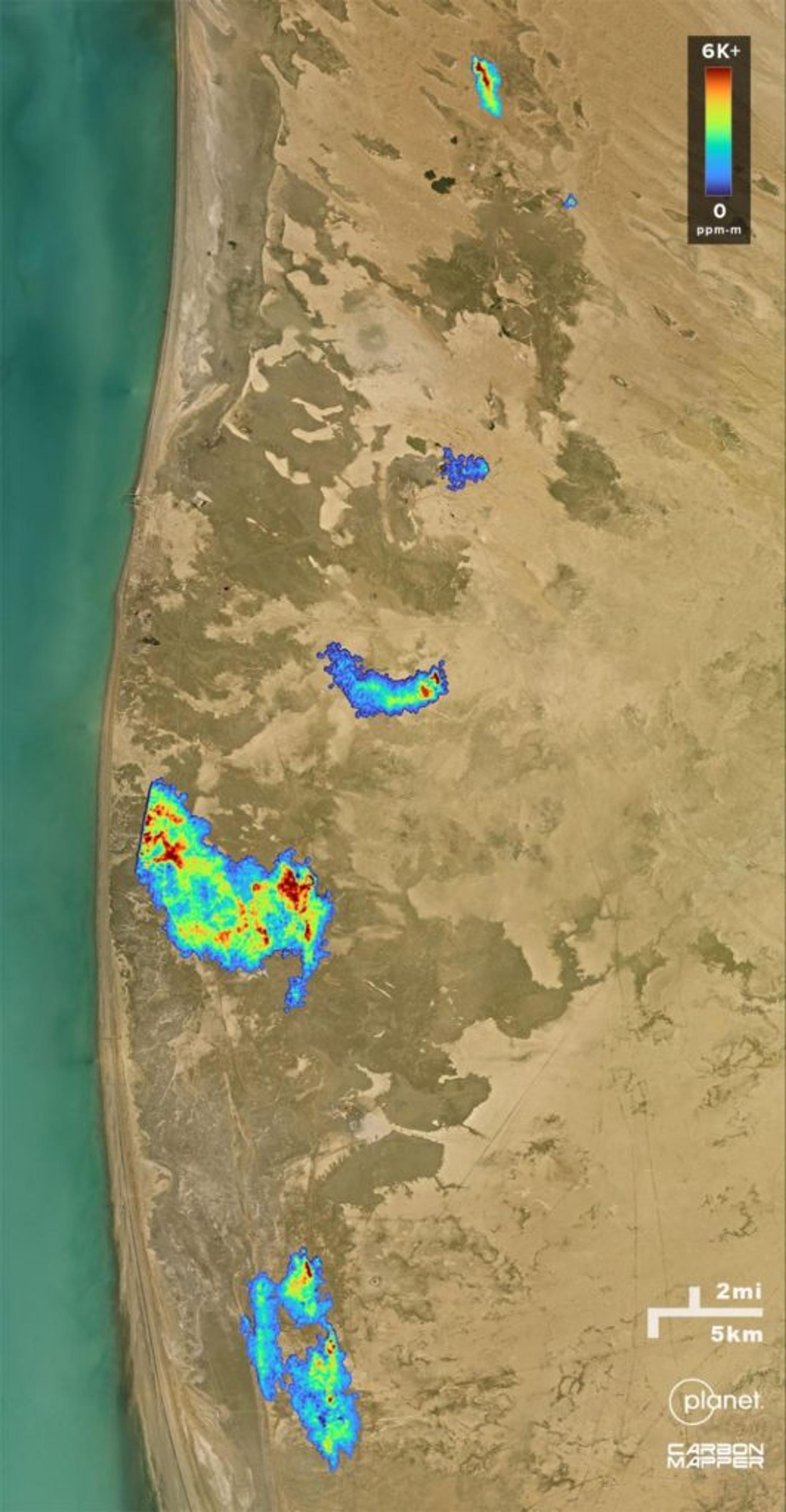 Thanks in part to satellite observations, Turkmenistan has over the past few years deepened its methane reduction efforts, joining the Global Methane Pledge in 2023. Observations like these can help it further refine and prioritize programs and policies aimed at tackling methane in the oil and gas sector. Tanager-1 observed this coastal region of Turkmenistan with a single image on Nov. 11, and Carbon Mapper’s preliminary emissions estimate of the plumes is approximately 78 tons of methane per hour.