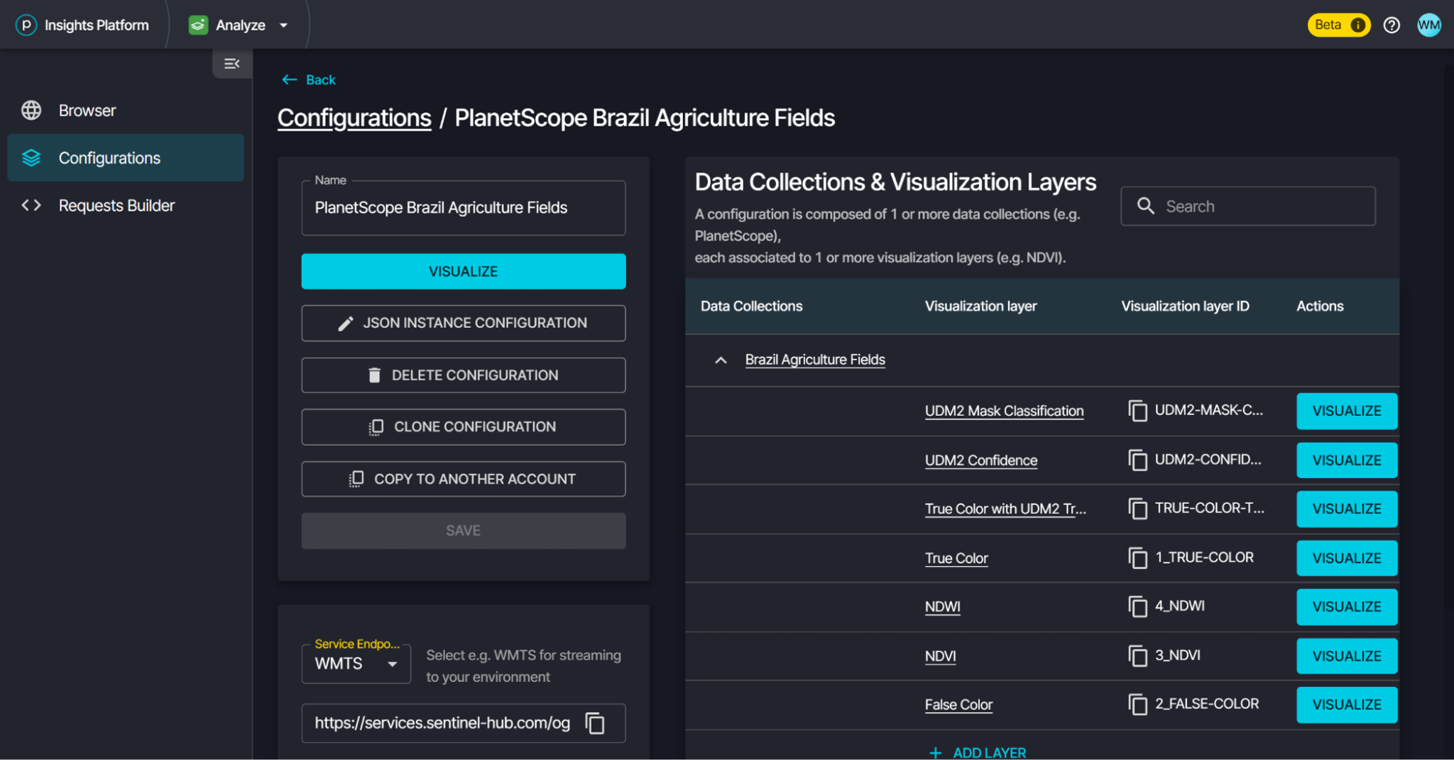 Create custom configurations to visualize in Planet Browser, stream in WMTS services, or to test evalscripts for Processing and Statistical APIs.