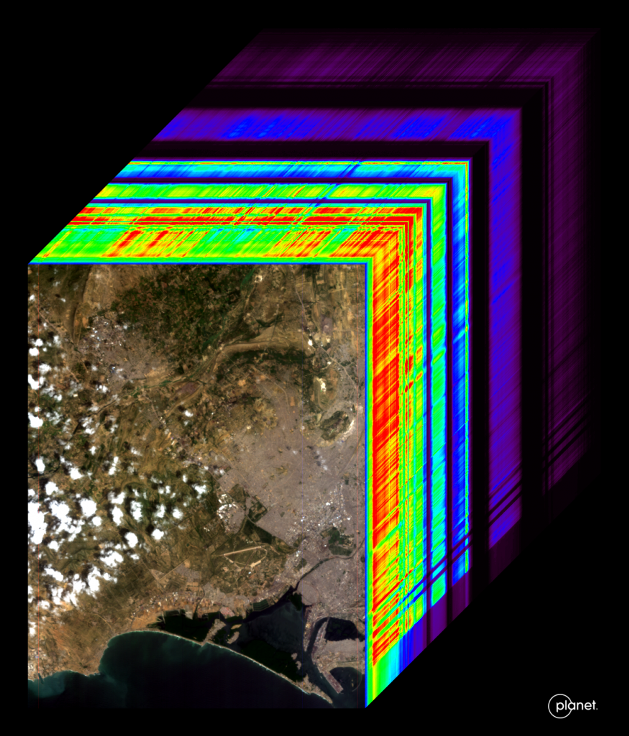 A hypercube visualizing the range of wavelengths collected by Tanager. In the lower left is a visible-light image of Karachi, Pakistan collected on September 19th, 2024. Up and to the right is a cross section of all the bands collected by Tanager spanning from 400 - 2500 nm.