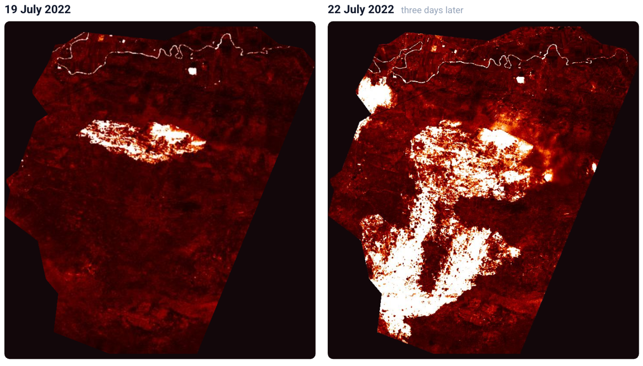 Sentinel-2 L2A, Burn Area Index (credit: the European Space Agency).