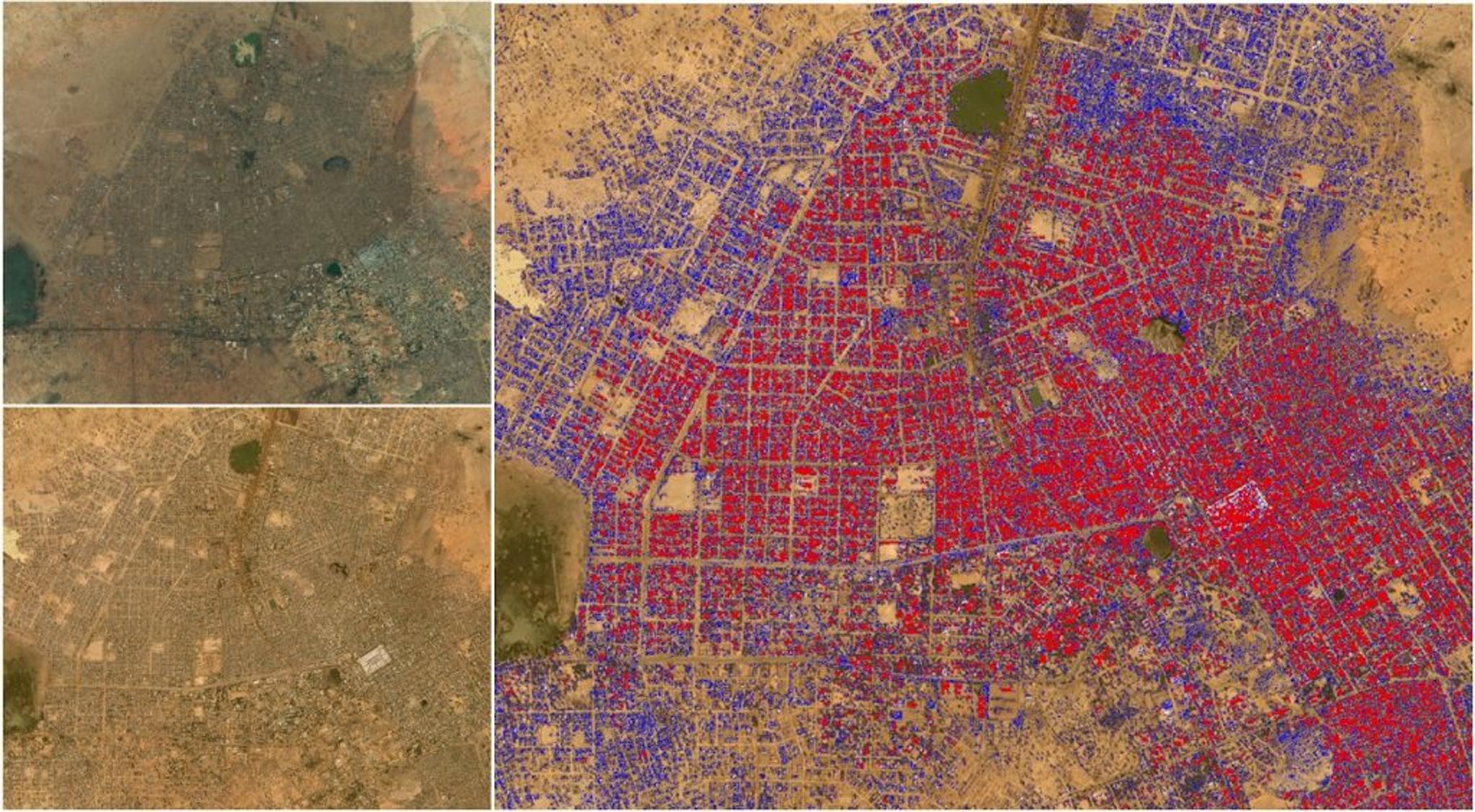 Zinder, Niger, as seen in 2012 in aerial imagery (upper left), and in PlanetScope imagery Q1 2023 (lower left). In the rightmost image, new urban construction (since the 2012 census) is denoted in purple.