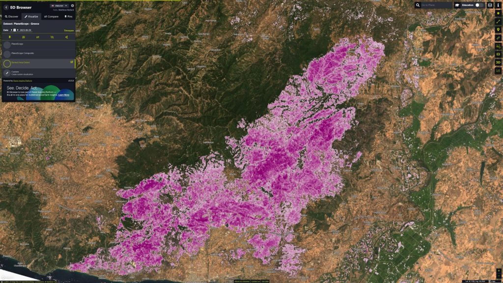 Burned area from a wildfire in Greece delineated using a custom script in EO Browser.