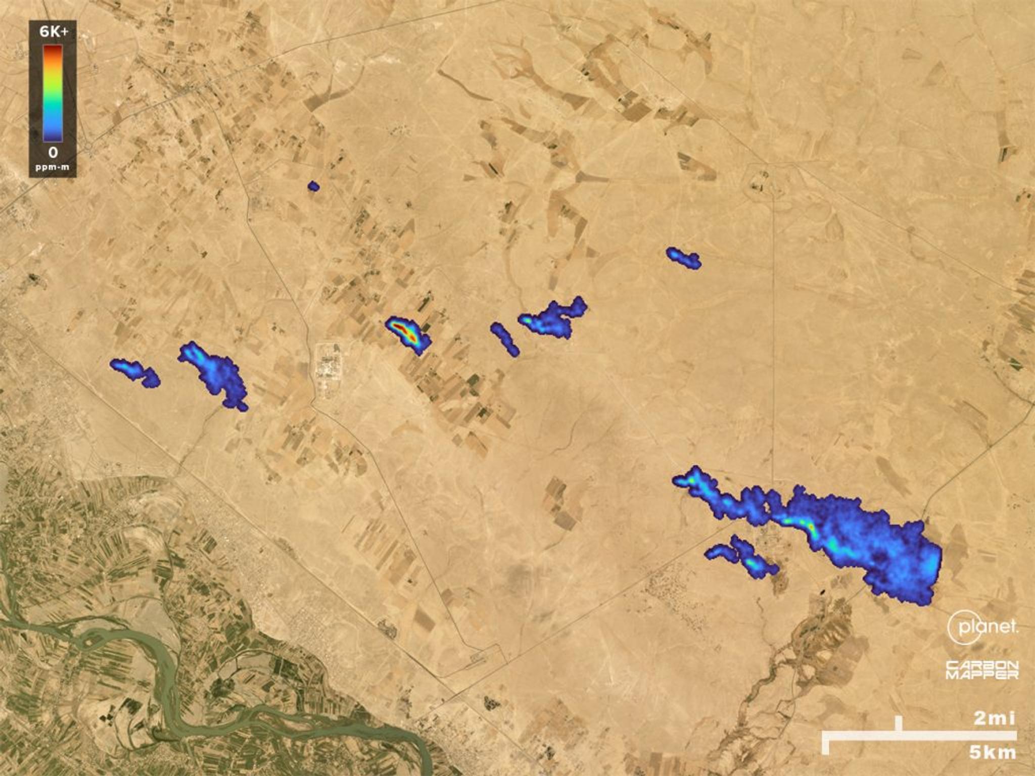 Carbon Mapper methane detections from Planet Labs’ Tanager-1 satellite show several methane plumes from oil and gas operations in a single observation over Syria on Oct. 4, 2024. The scene includes a mix of both small and large super-emitting sources, which demonstrates their prevalence in heavy oil- and gas-producing areas. The Tanager-1 satellite was built and is operated by Planet Labs PBC as part of the Carbon Mapper Coalition.