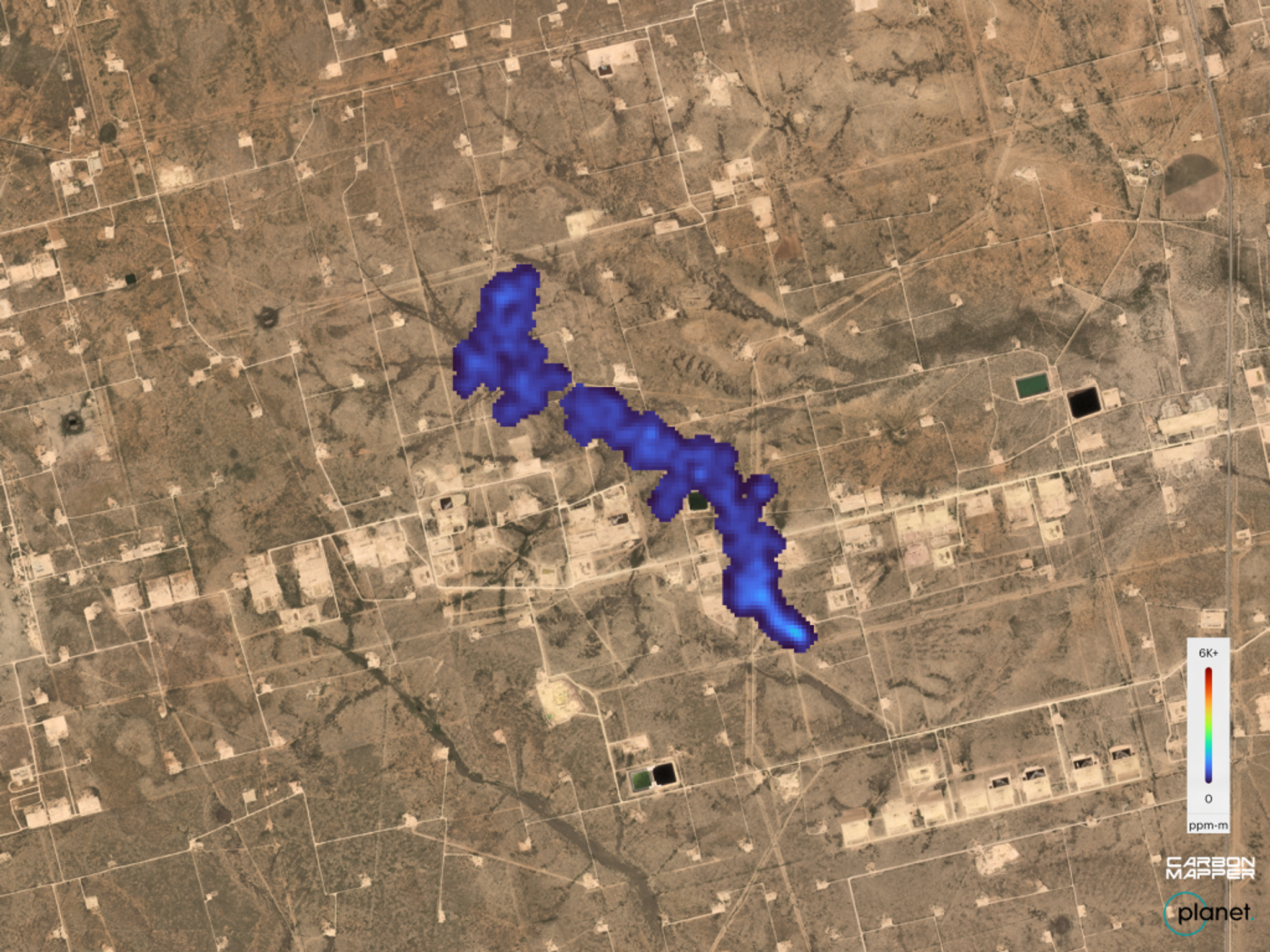 A plume of methane detected at an individual oil and gas operation in the Texas Permian Basin on September 24, 2024. Carbon Mapper’s preliminary estimate of the emission rate is 400 kg CH4/h. Planet Basemap courtesy of Planet Labs.