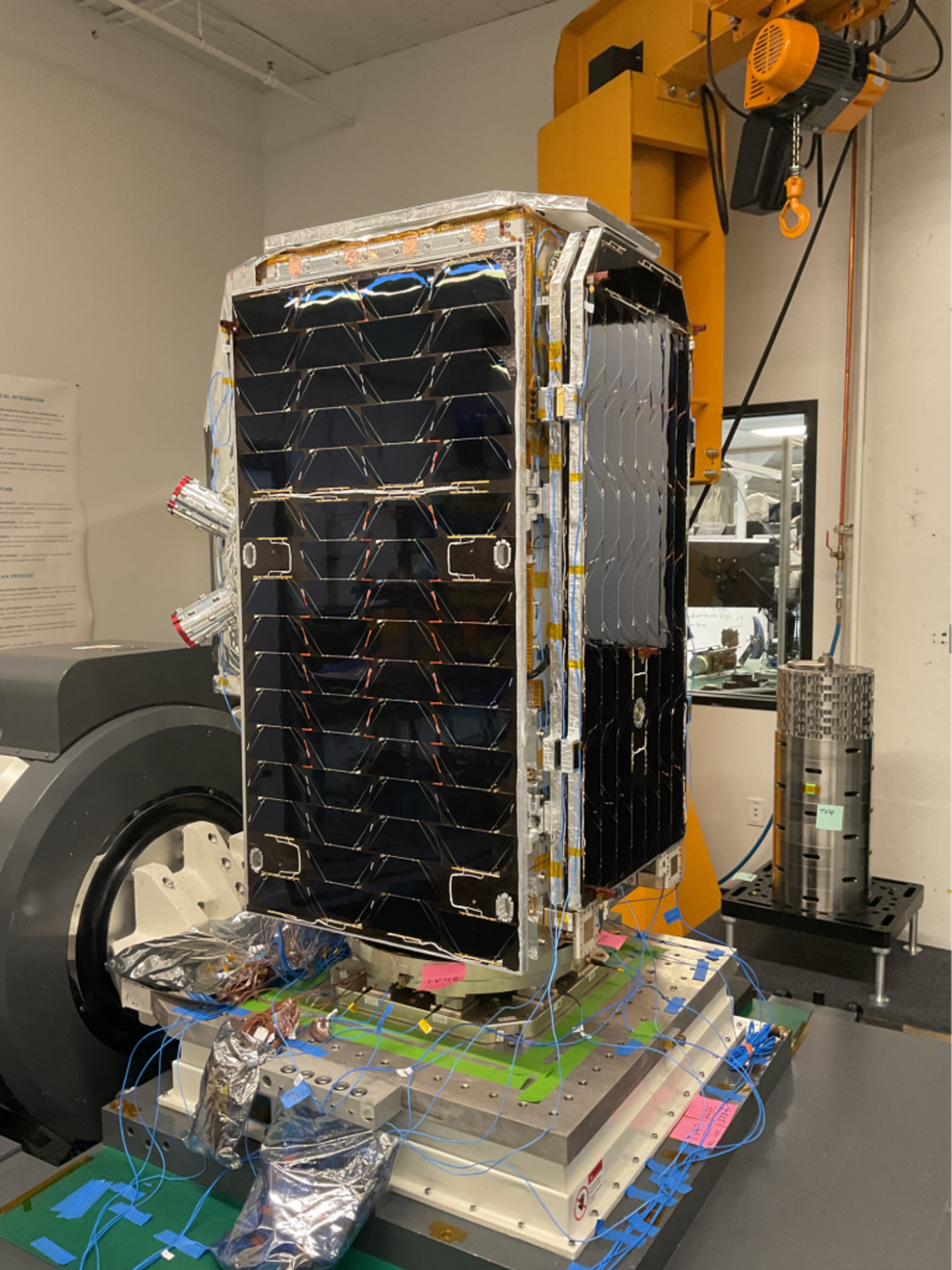 Tanager-1 on the horizontal shaker table after successfully passing a series of vibration tests that ensure the spacecraft can withstand the intense acoustic environments of a rocket launch.