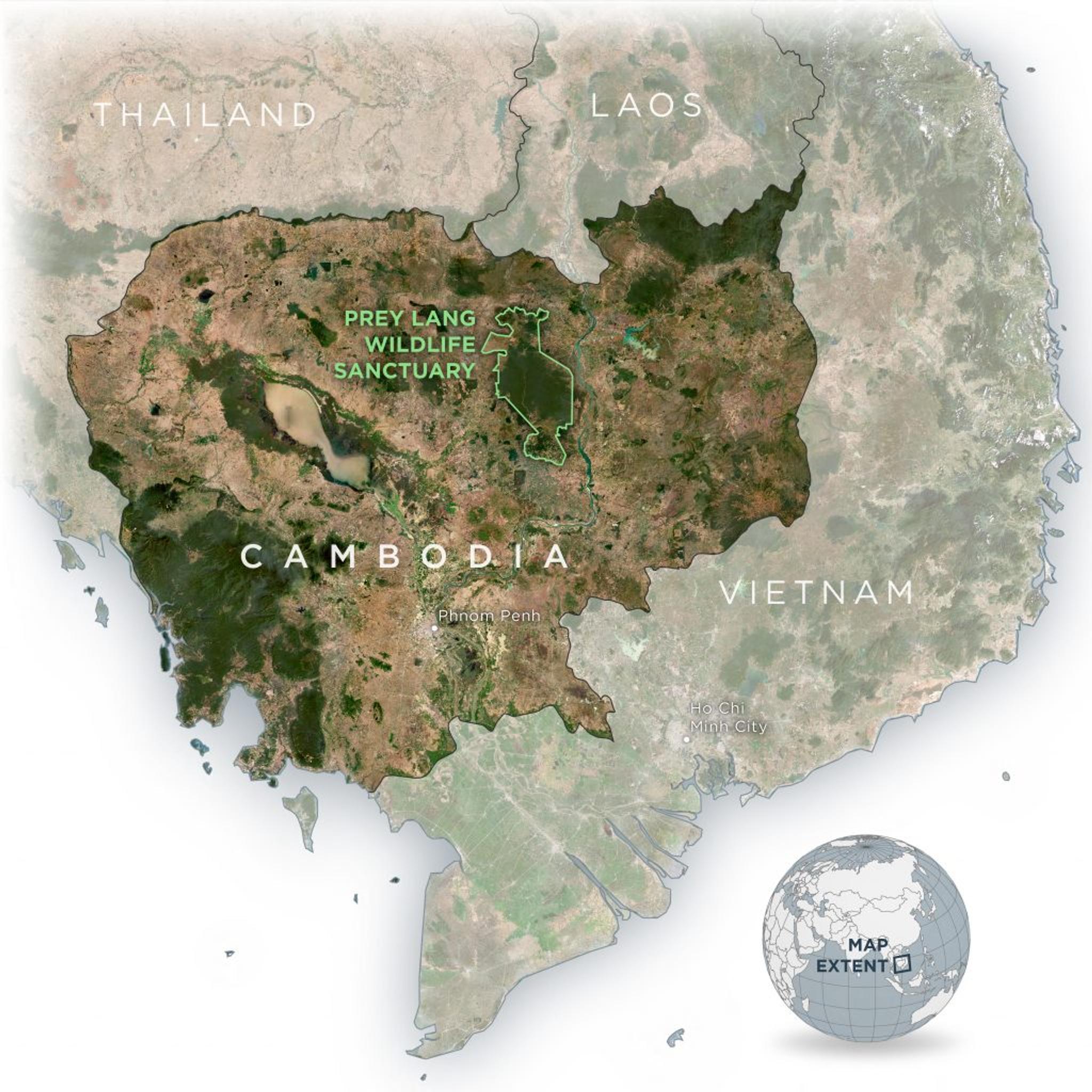 Map showing the location of the Prey Lang Wildlife Sanctuary in Cambodia (Data Sources: Planet monthly mosaic, Natural Earth, Open Development Cambodia)