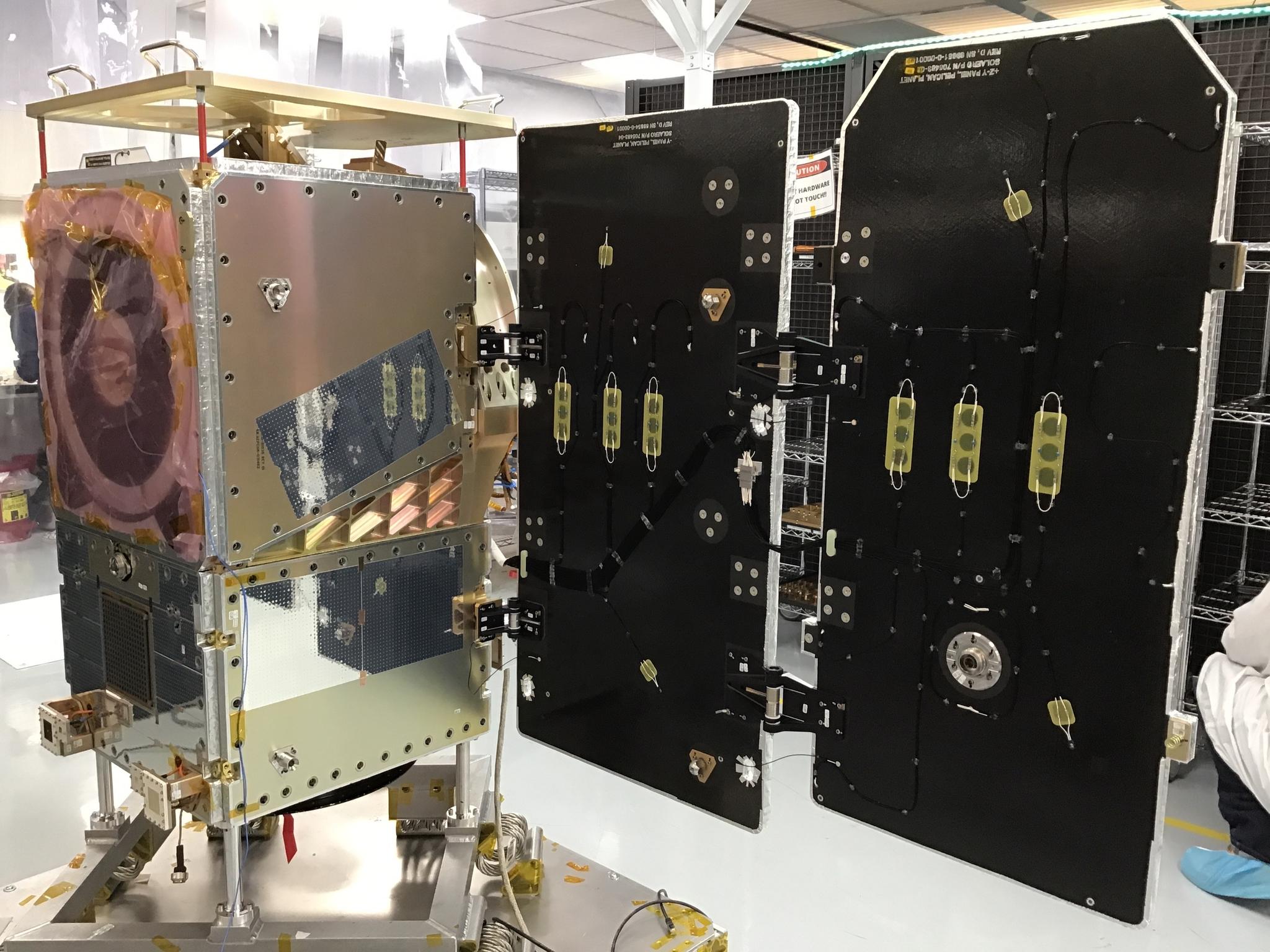 Figure 3: Pelican-7 being prepared for launch with C-Band and Ka-Band antennas shown.