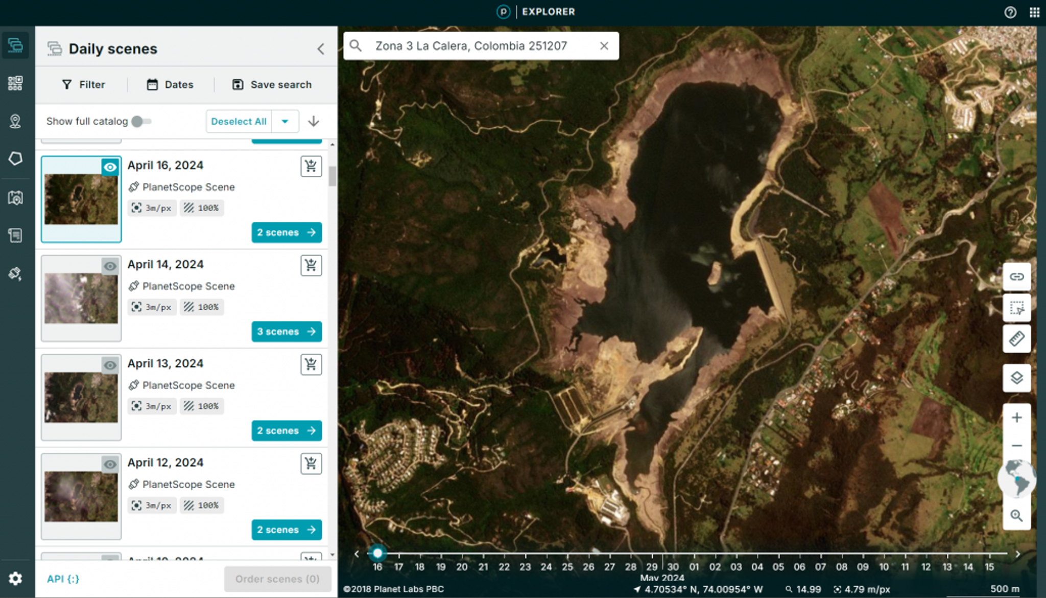 Planet Insights Platform displaying landscape in La Calera, Colombia on April 16, 2024.