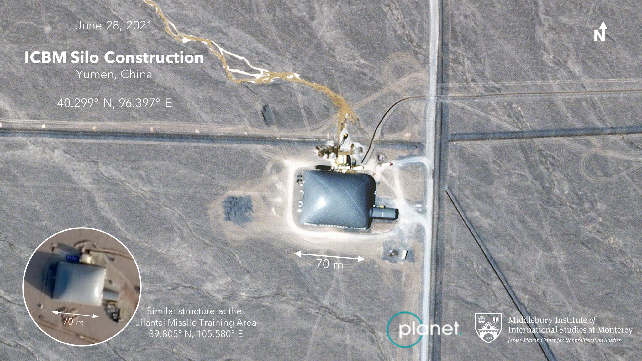 A Planet SkySat image of northwestern China shows what experts say is a construction site for a new silo for a nuclear-tipped ICBM. © 2021, Planet Labs Inc. All Rights Reserved.