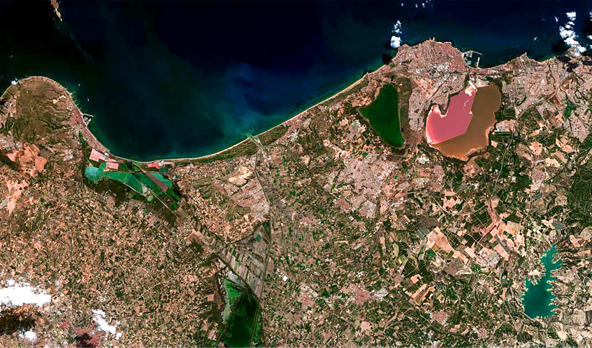 Tanager-2 image of the Pink Lake in Torrevieja, Alicante, Spain, captured on October 7, 2026.