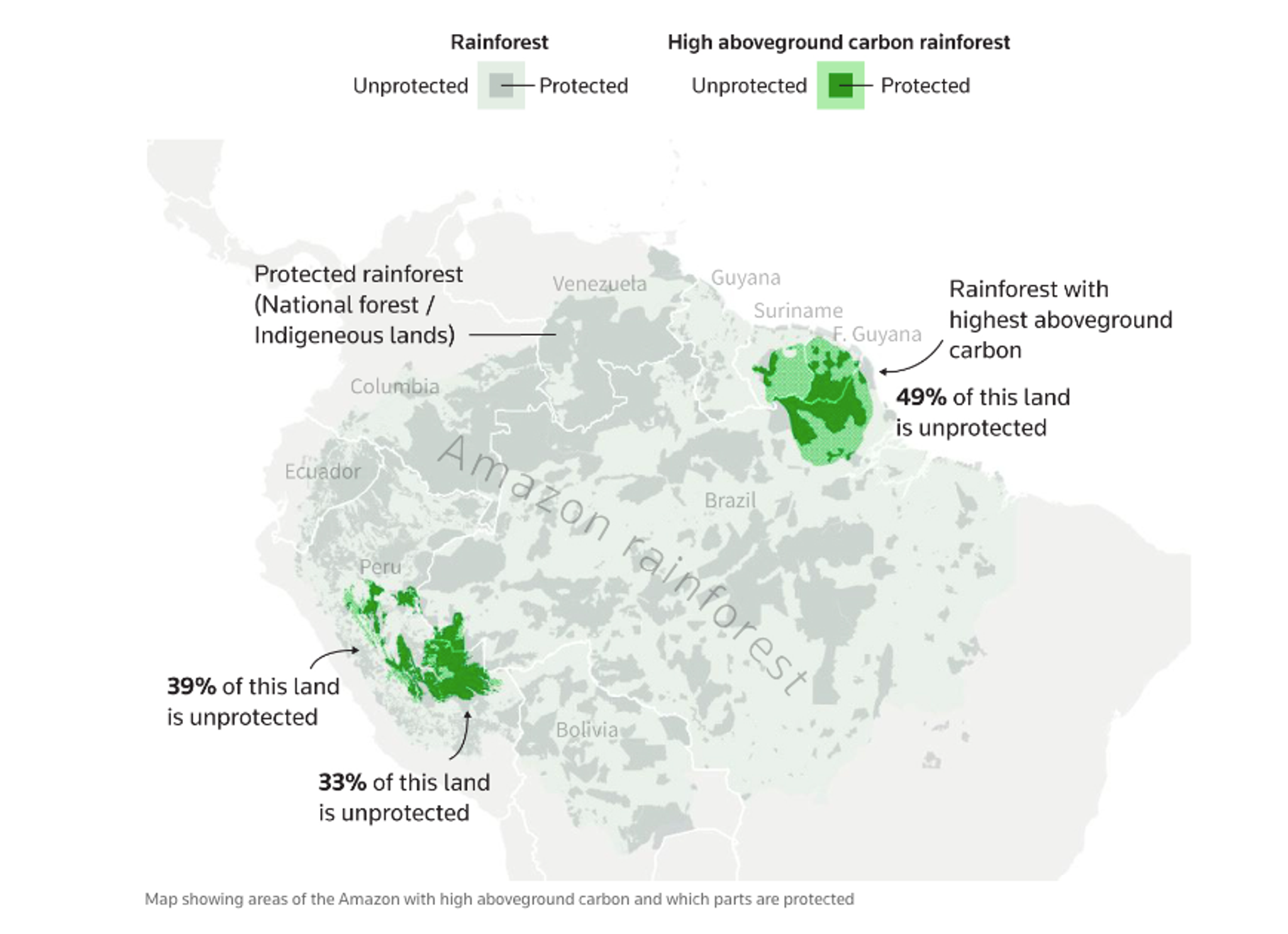 Map showing areas of the Amazon with high aboveground carbon and which parts are protected. Courtesy of Reuters