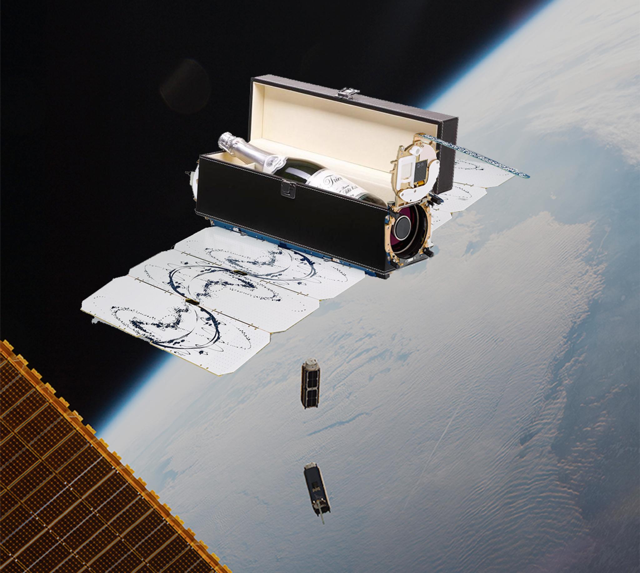 Planet's Dove satellite delivering champagne as a part of Planet Pantry © 2019, Planet Labs Inc. All Rights Reserved.