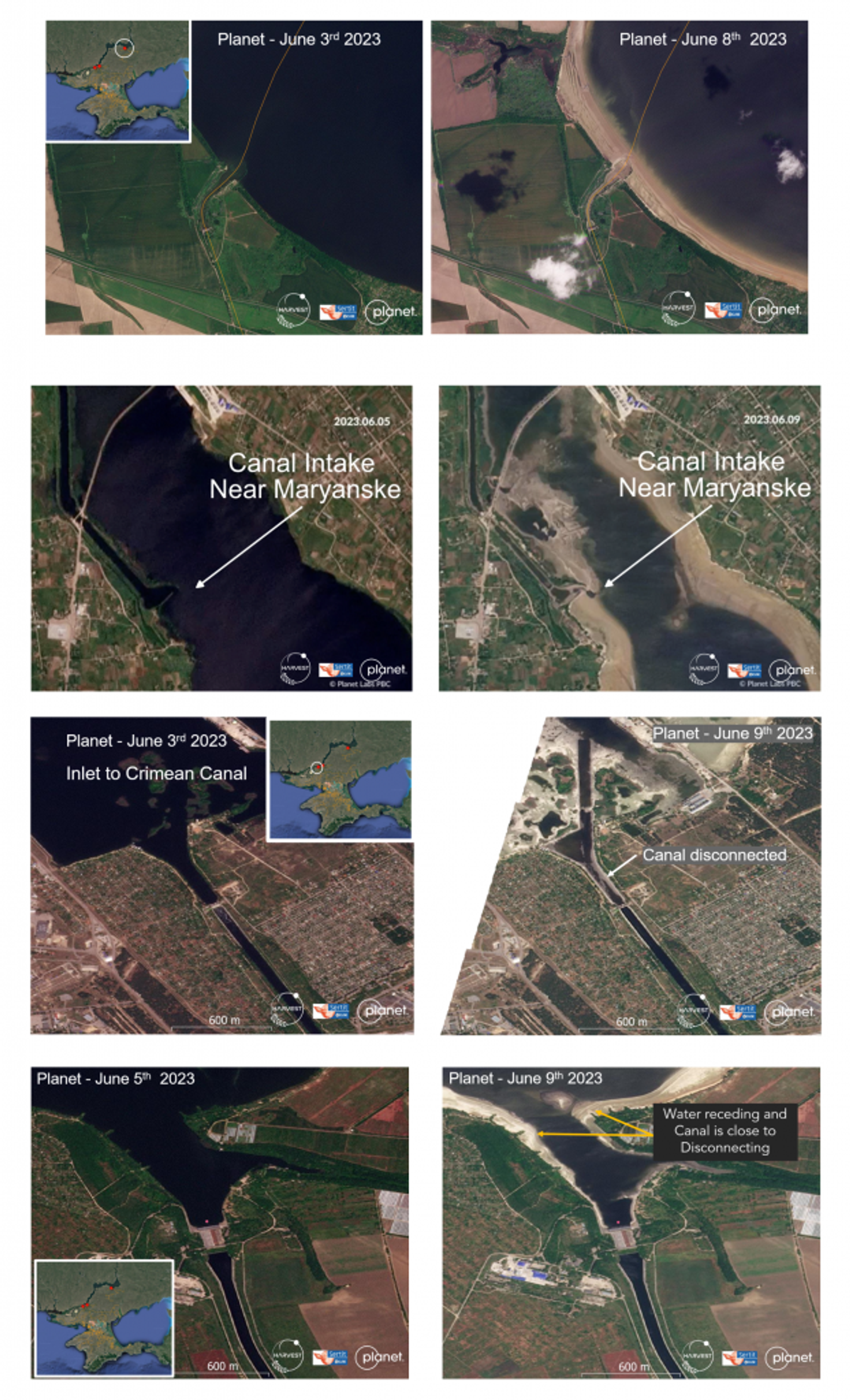 Satellite imagery (source: Planet) showing progressive canal system disconnection from the dam, beginning with: the canal inlet near Maryanske (top) which disconnected from the water supplies on June 9th, northernmost canal near Balky (top) which disconnected from water supplies on June 8th; the Inlet to the North Crimean Canal (middle) which disconnected on June 9th; and the Kakhovsky Canal (bottom) which is expected to disconnect in the coming days.