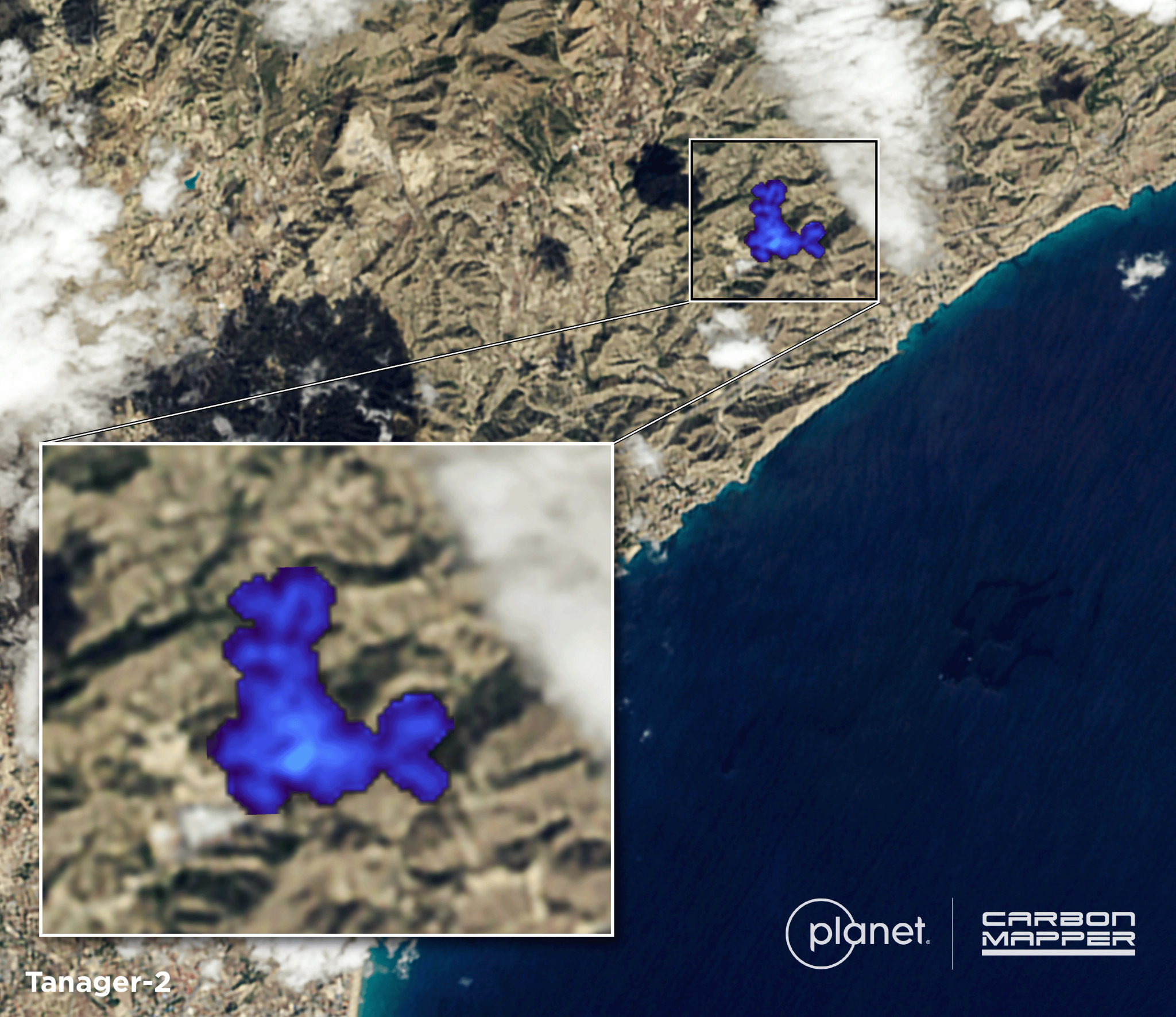 A large methane plume over Spain’s coast, detected by Carbon Mapper using Tanager-2 data from October 7, 2026.