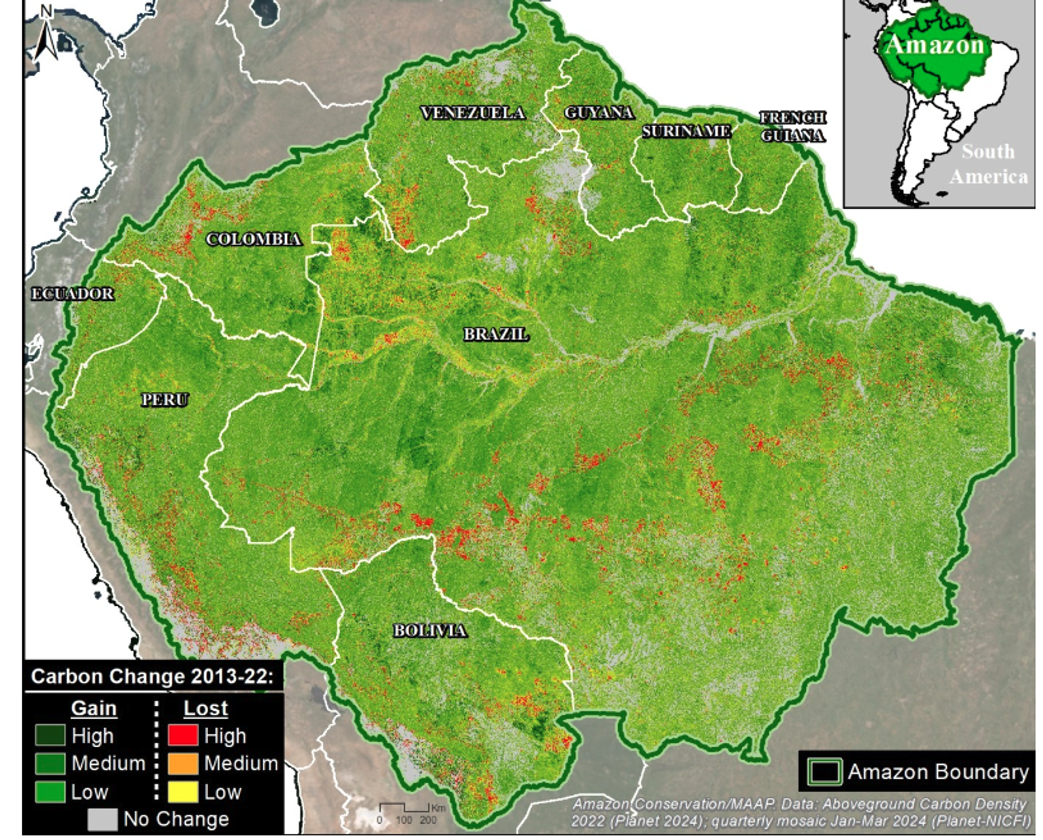 Areas of major carbon loss and gain across the Amazon between 2013 and 2022. Source: Amazon Conservation/MAAP, Planet Labs BC