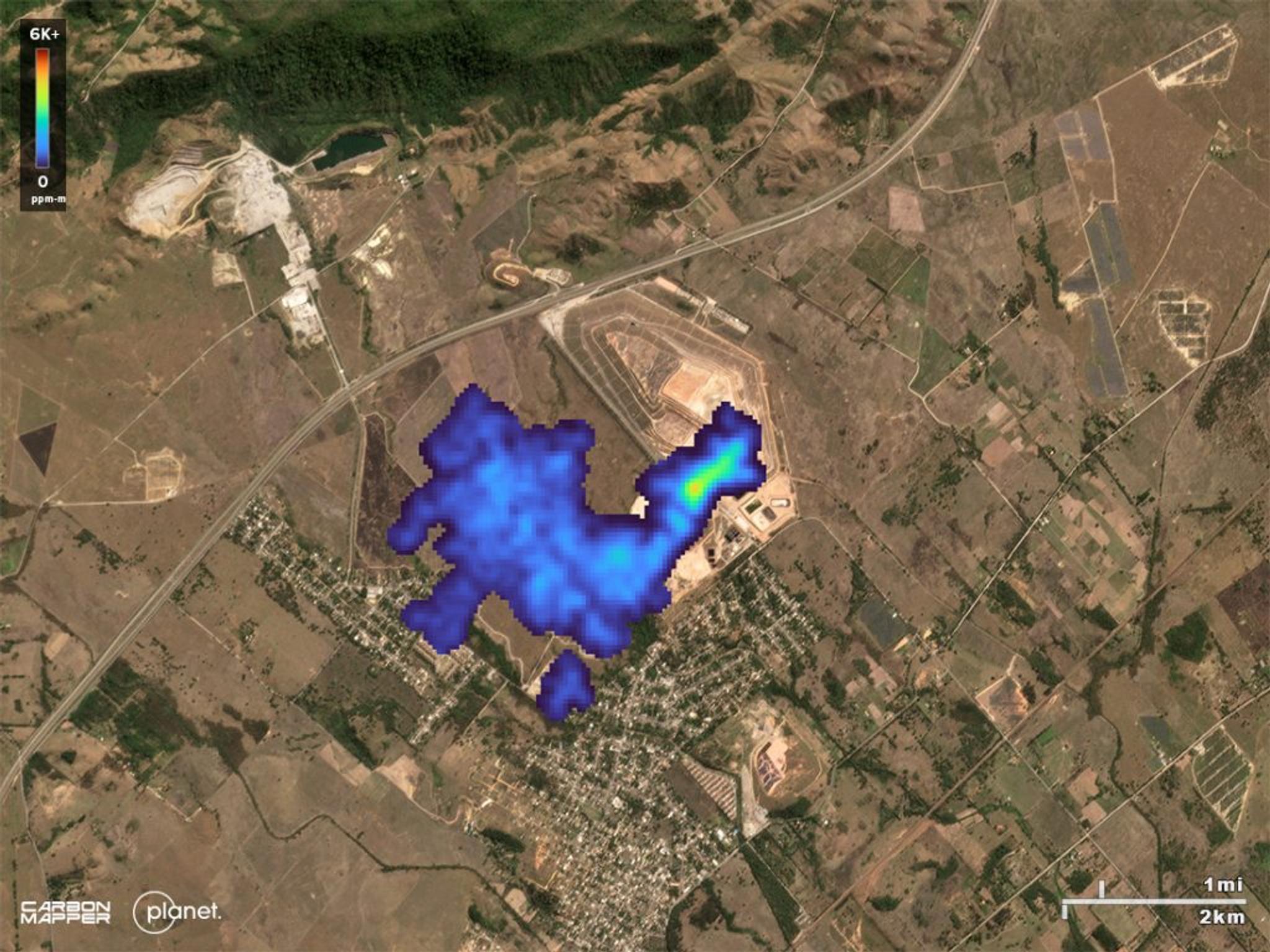 An example of a mitigation opportunity near Rio de Janeiro, Brazil, where Carbon Mapper methane detections from Planet Labs’ Tanager-1 satellite show a large plume of methane from the Seropédica landfill on Sept. 29, with an estimated preliminary emissions rate of 2,836 kilograms per hour.