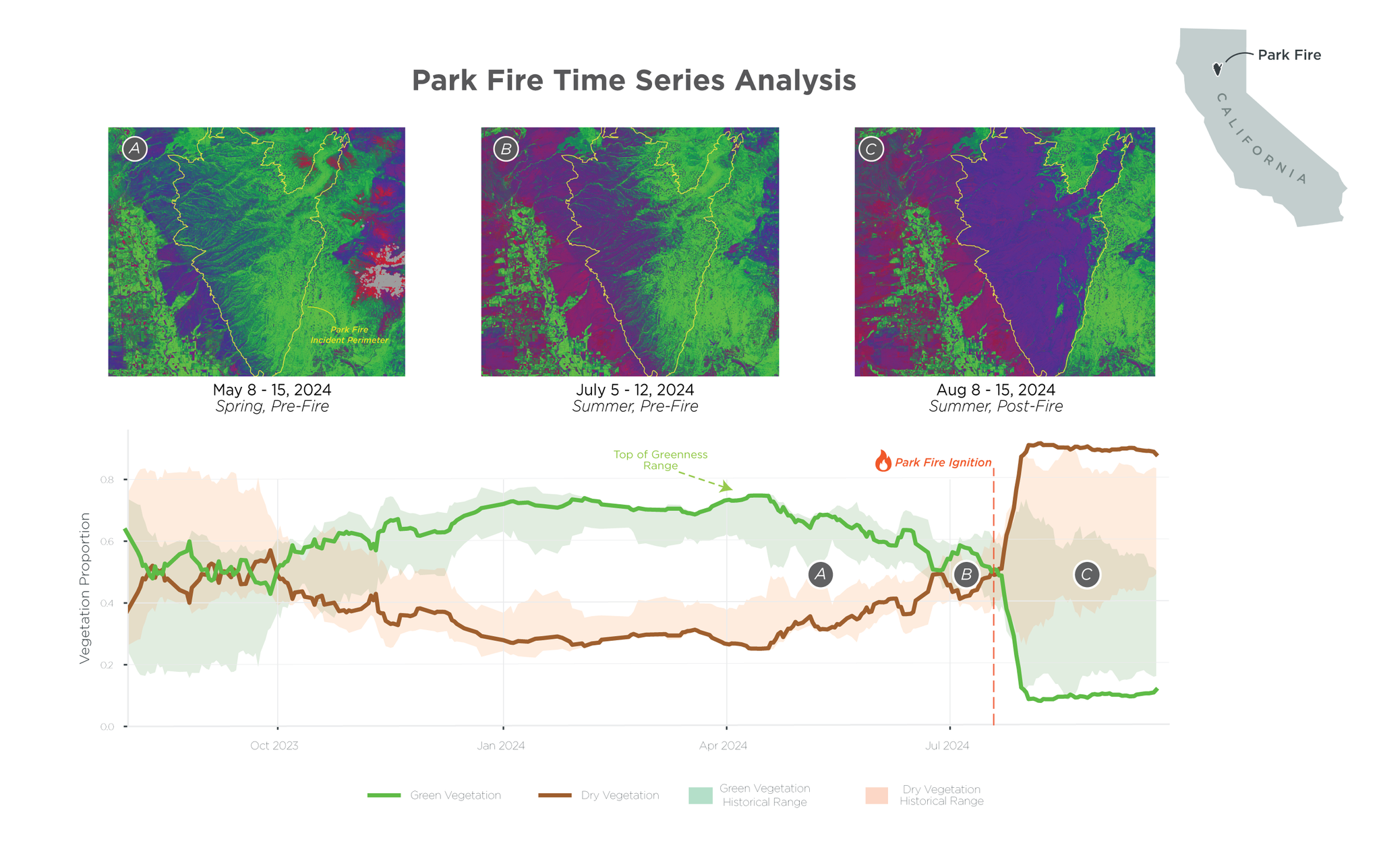 Planet 3 m vegetation cover data showing level of green and dry vegetation in the 12 months prior to ignition.