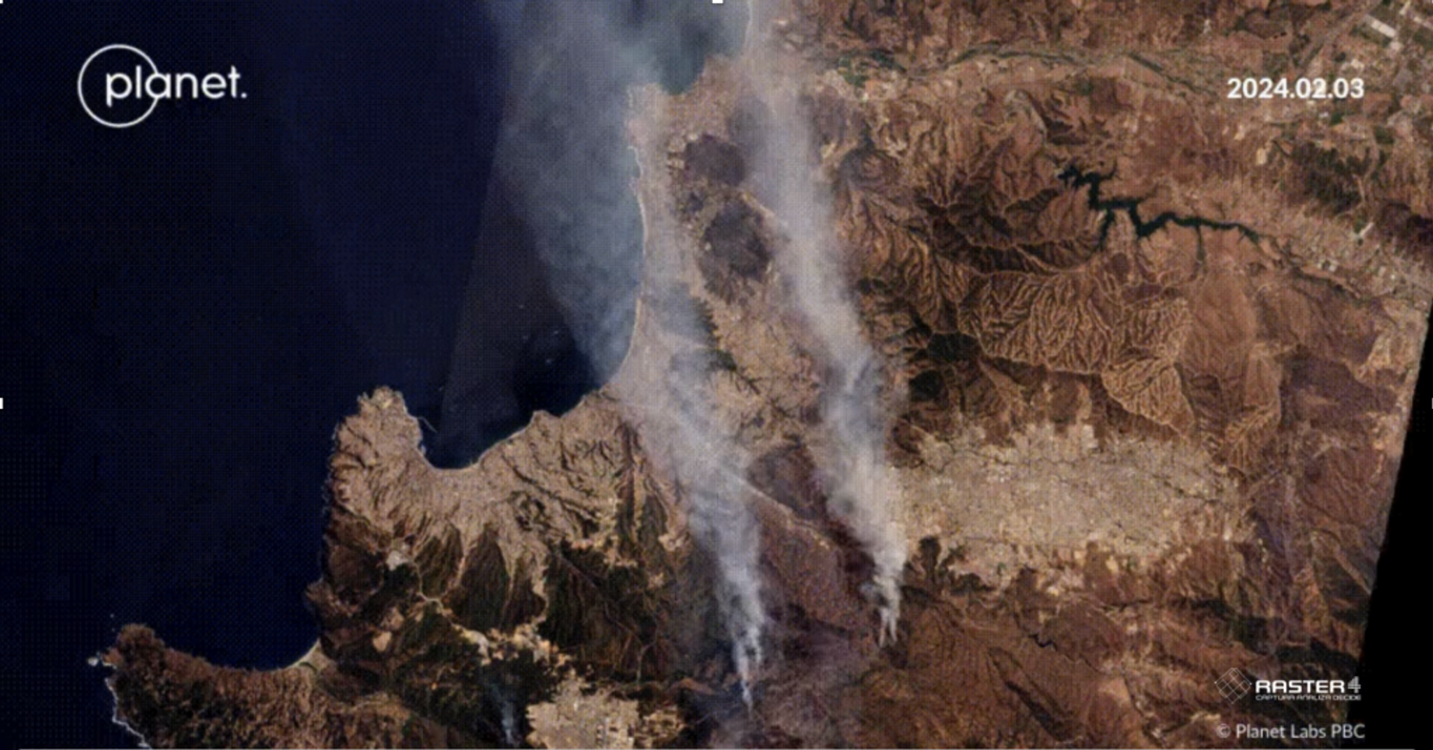 Imagery from the Planet Insights Platform displaying a Chilean wildfire.