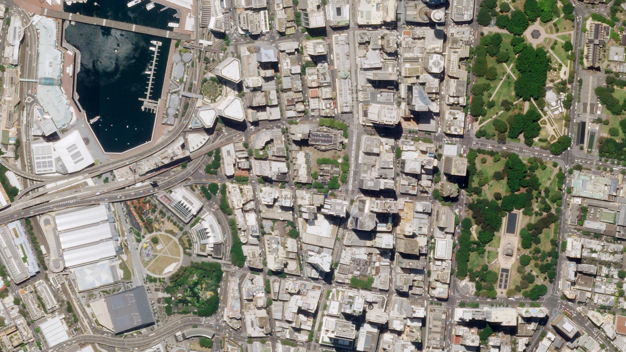 Downtown Sydney, Australia, including the International Convention Centre and Anzac Memorial, collected by a Planet SkySat on January 22, 2020. © 2020, Planet Labs Inc. All Rights Reserved.