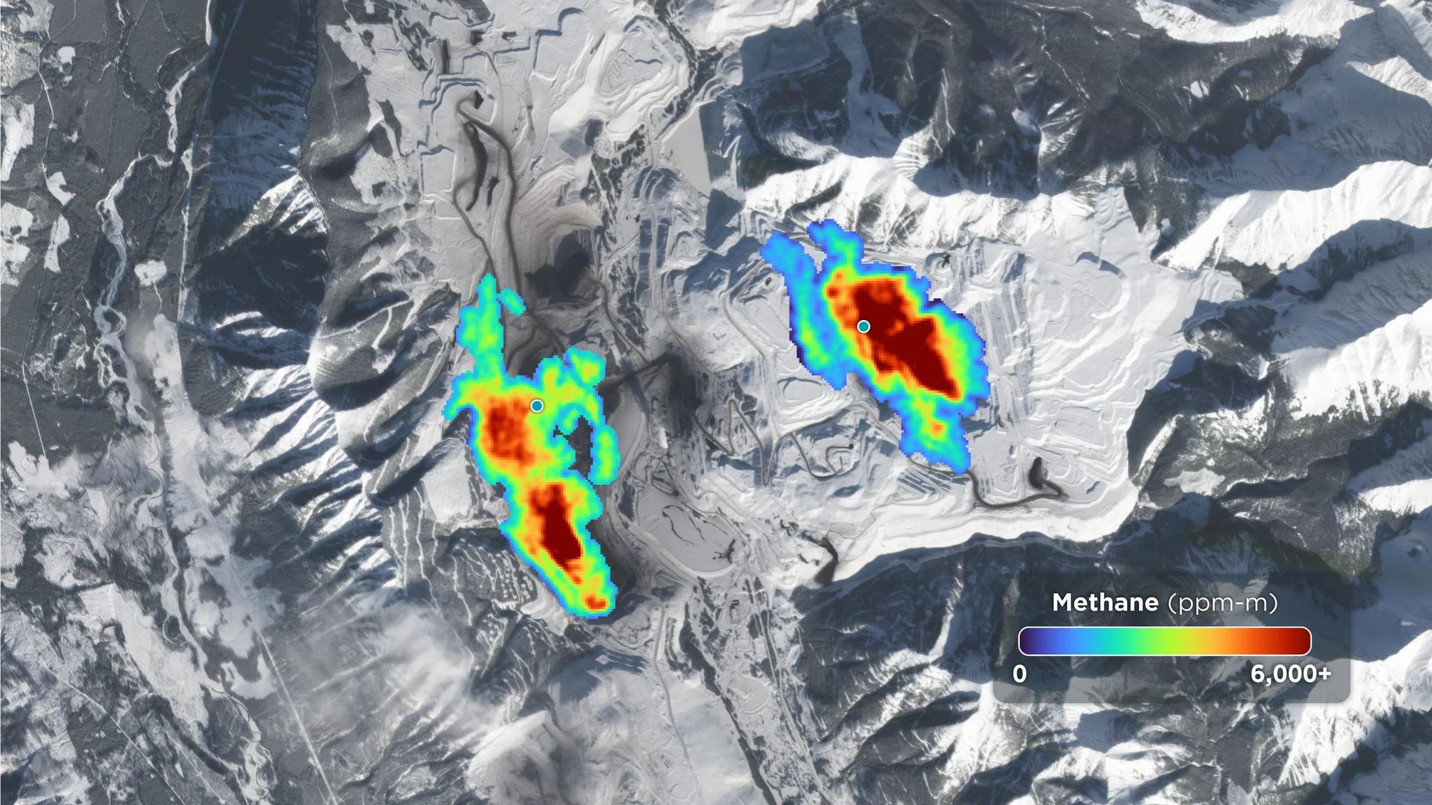 The plumes are in British Columbia, Canada. The Tanager data is from February 15, 2025, and is shown on top of a PlanetScope image from February 6, 2025.