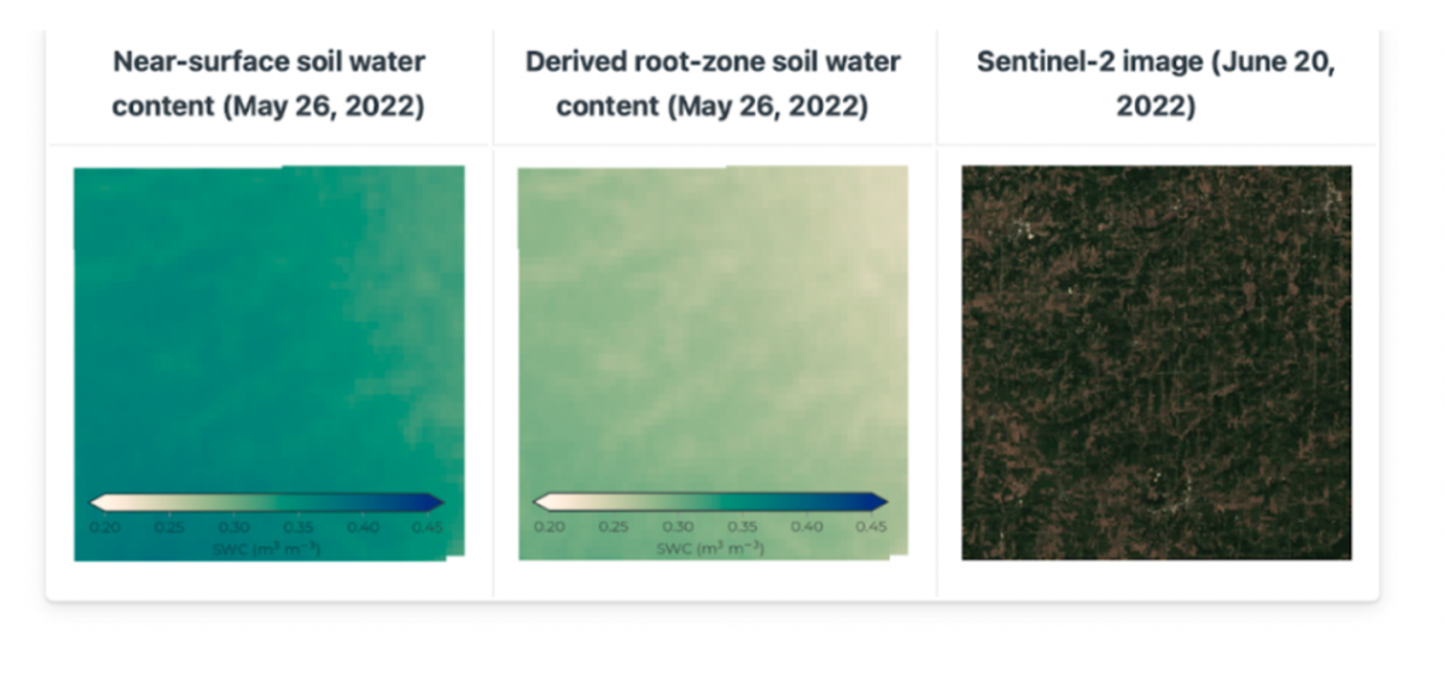 Figure 2: In the figure above, we show near-surface and root-zone soil water content in Iowa (USA), on a rainy day after a dry period. The surface has become wet (blue), while the deeper root zone is still dry (yellow) due to the long dry spell.