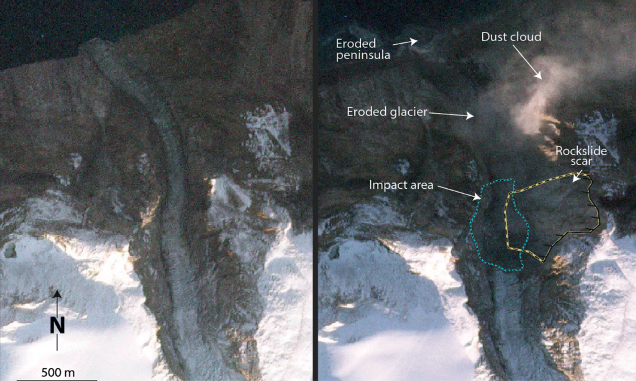 The fjord system before and after the landslide and tsunami • Analysis by The Guardian. Data from Planet Labs PBC