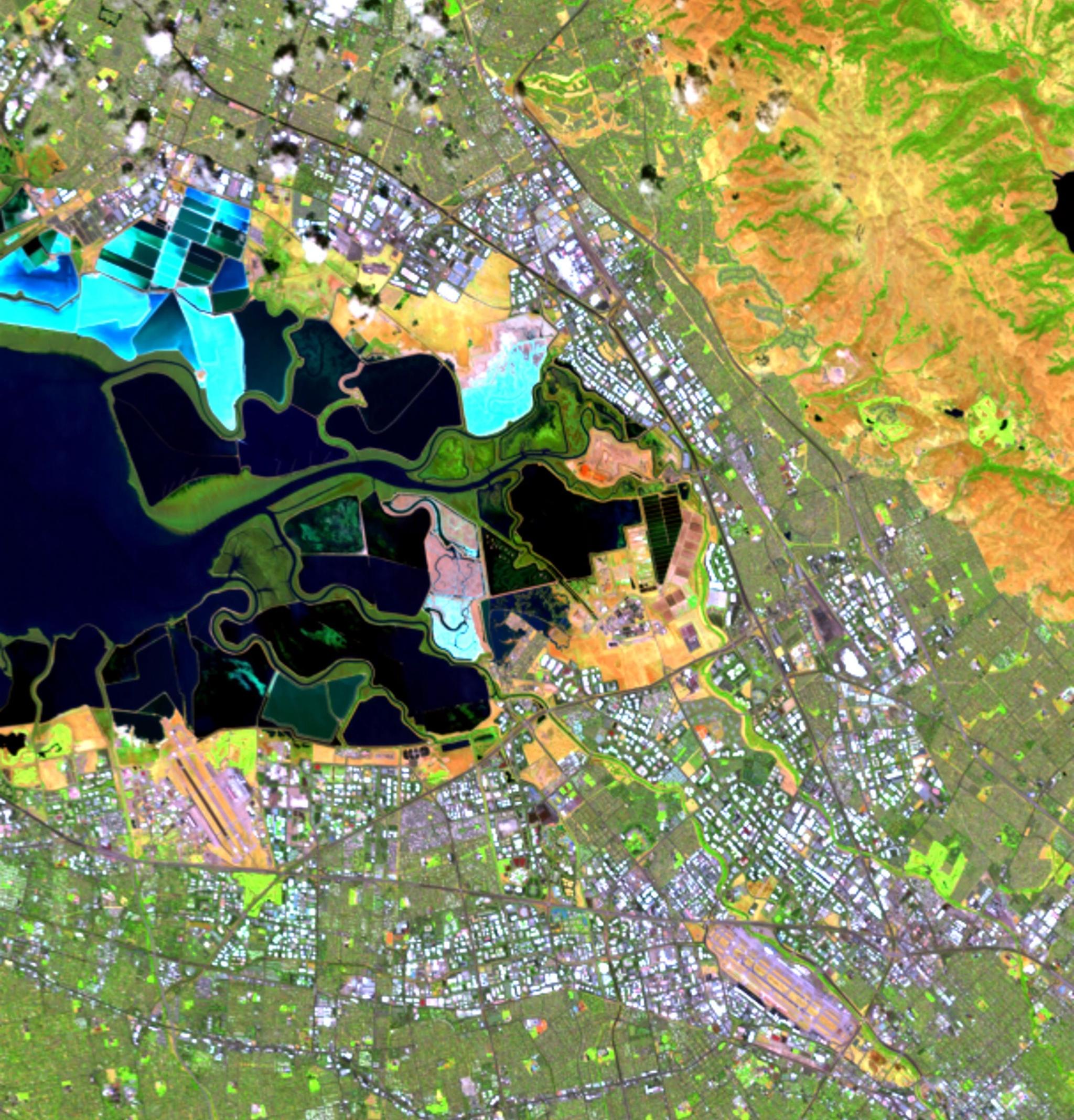 Salt ponds on San Francisco Bay in false color, captured July 21, 2025. © 2025 Planet Labs PBC. All Rights Reserved.
