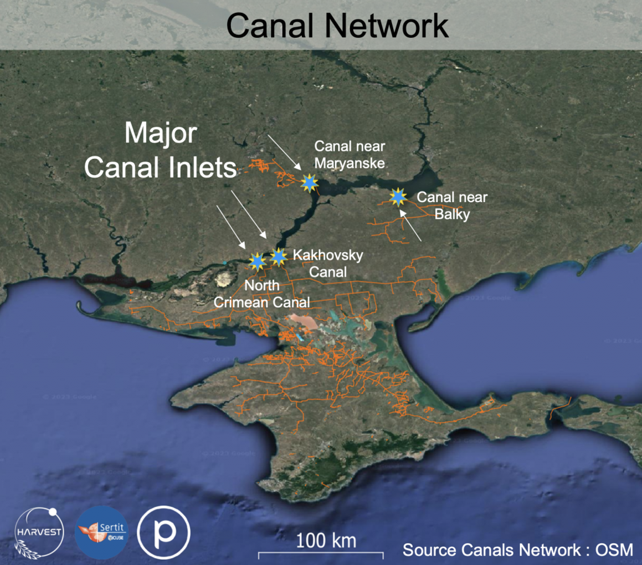 NASA Harvest’s Rapid Action for Agricultural Policy Support (RAAPS) team based at the University of Strasbourg, in partnership with Sertit (University of Strasbourg) used Planet and Sentinel 3 data to monitor the main canal inlets from the Kakhovka Dam that provide water to southern Ukrainian croplands and and to map the flooding extent due to the dam collapse.