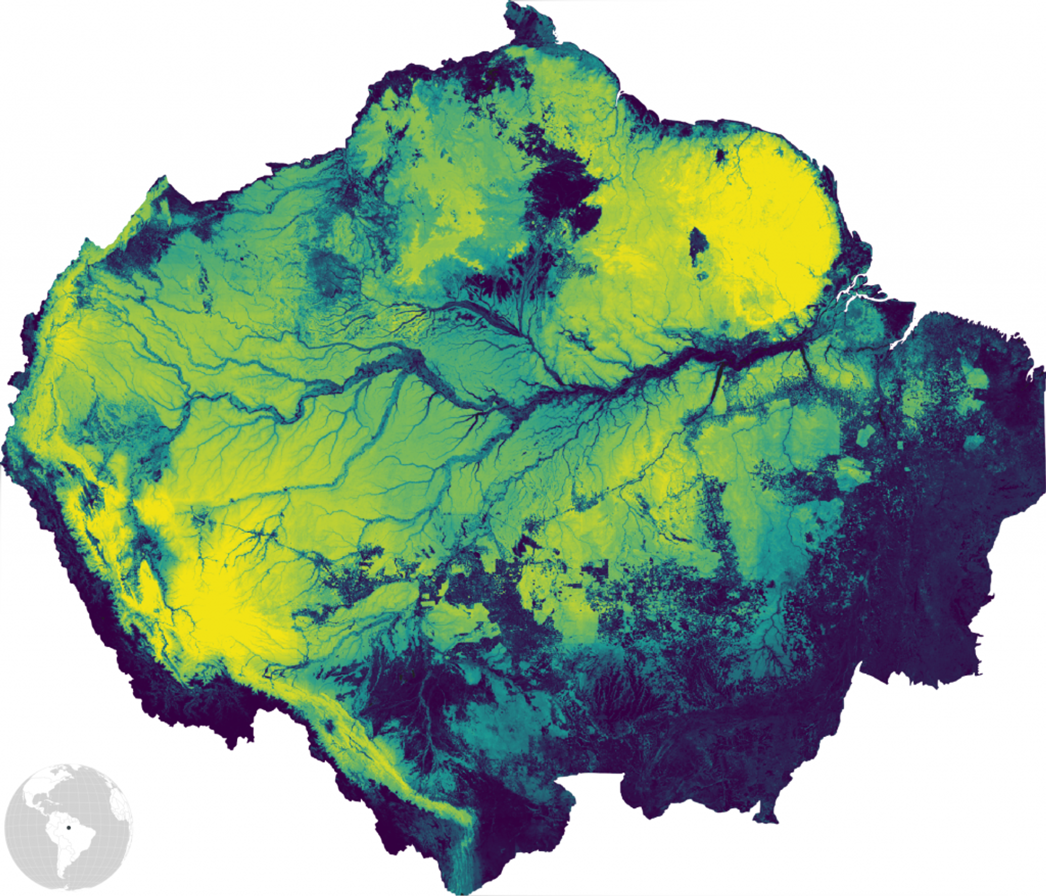 Aboveground carbon density in the Amazon Basin, one of the most carbon-dense regions of the world, whose network of rivers and terraces evoke comparisons to the circulatory system of the earth.