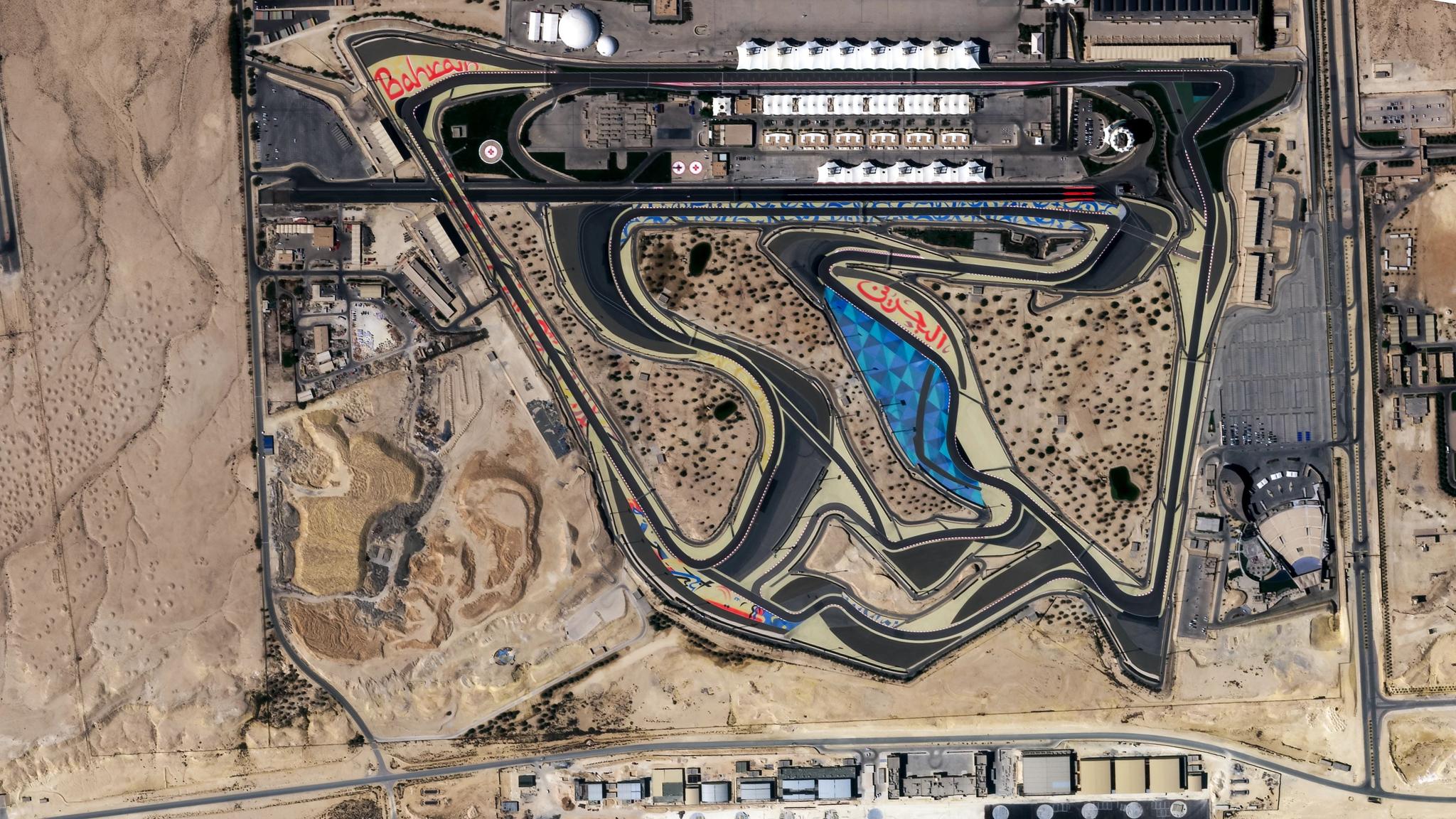 Pelican image of the Bahrain International Circuit motorsport venue captured Oct 21, 2025. © 2025 Planet Labs PBC. All Rights Reserved.