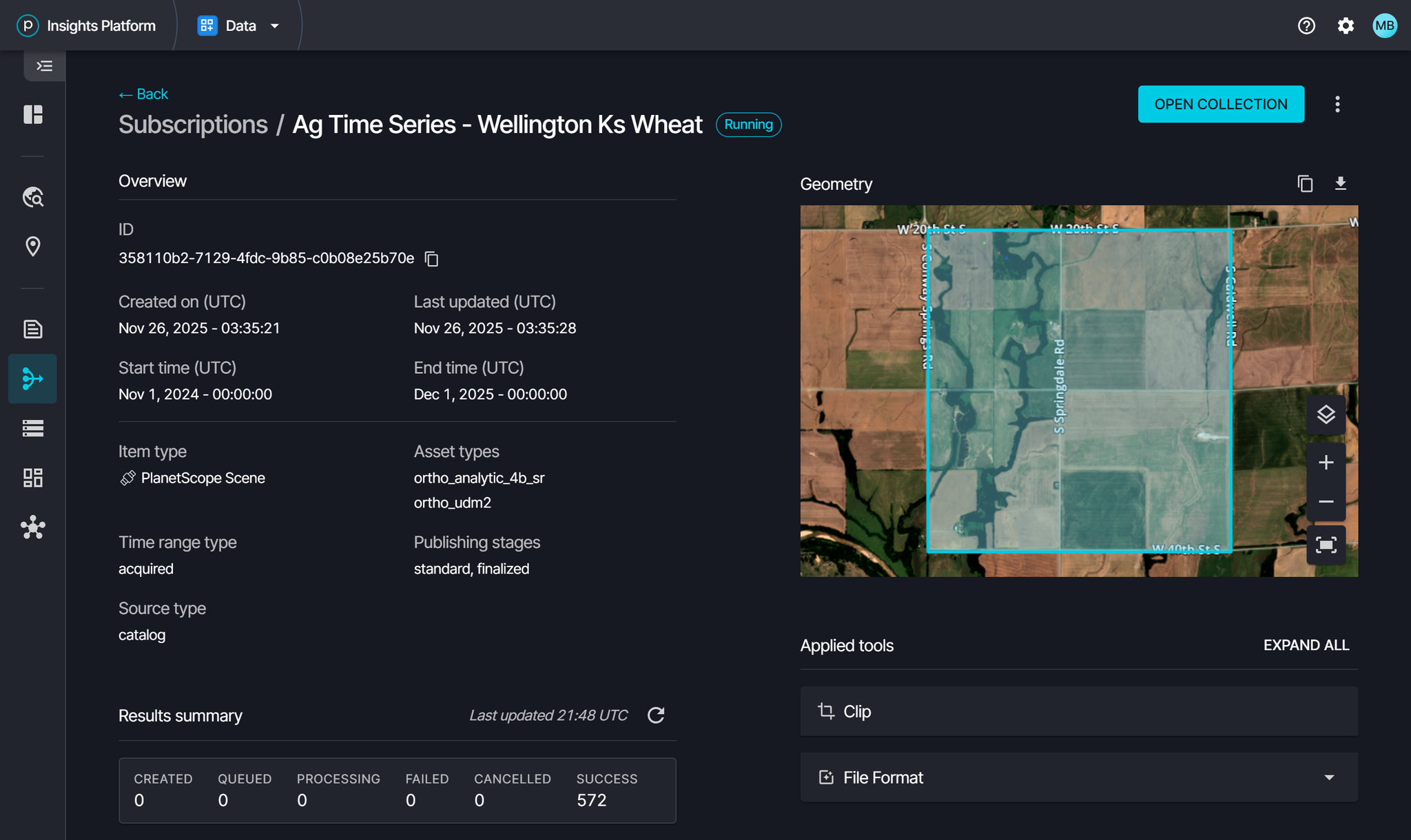 An example of the Subscriptions feature on Planet Insights Platform.