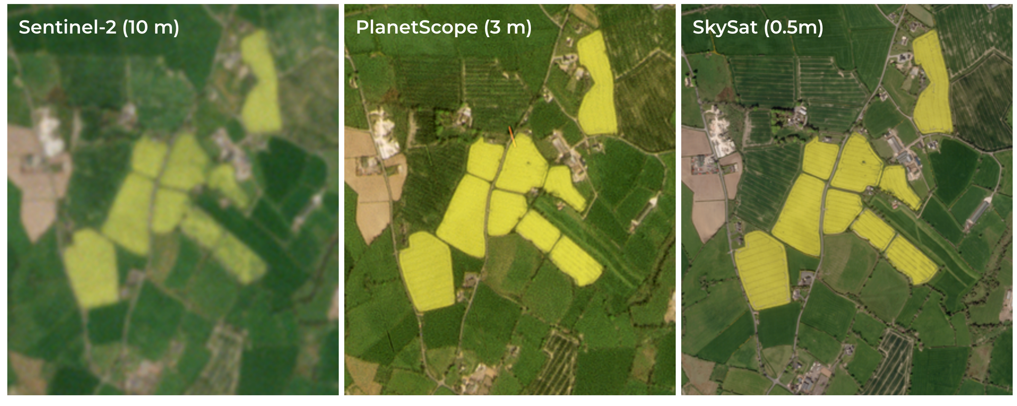 A comparison of spatial resolutions from a public satellite, Sentinel-2, with PlanetScope and SkySat imagery.