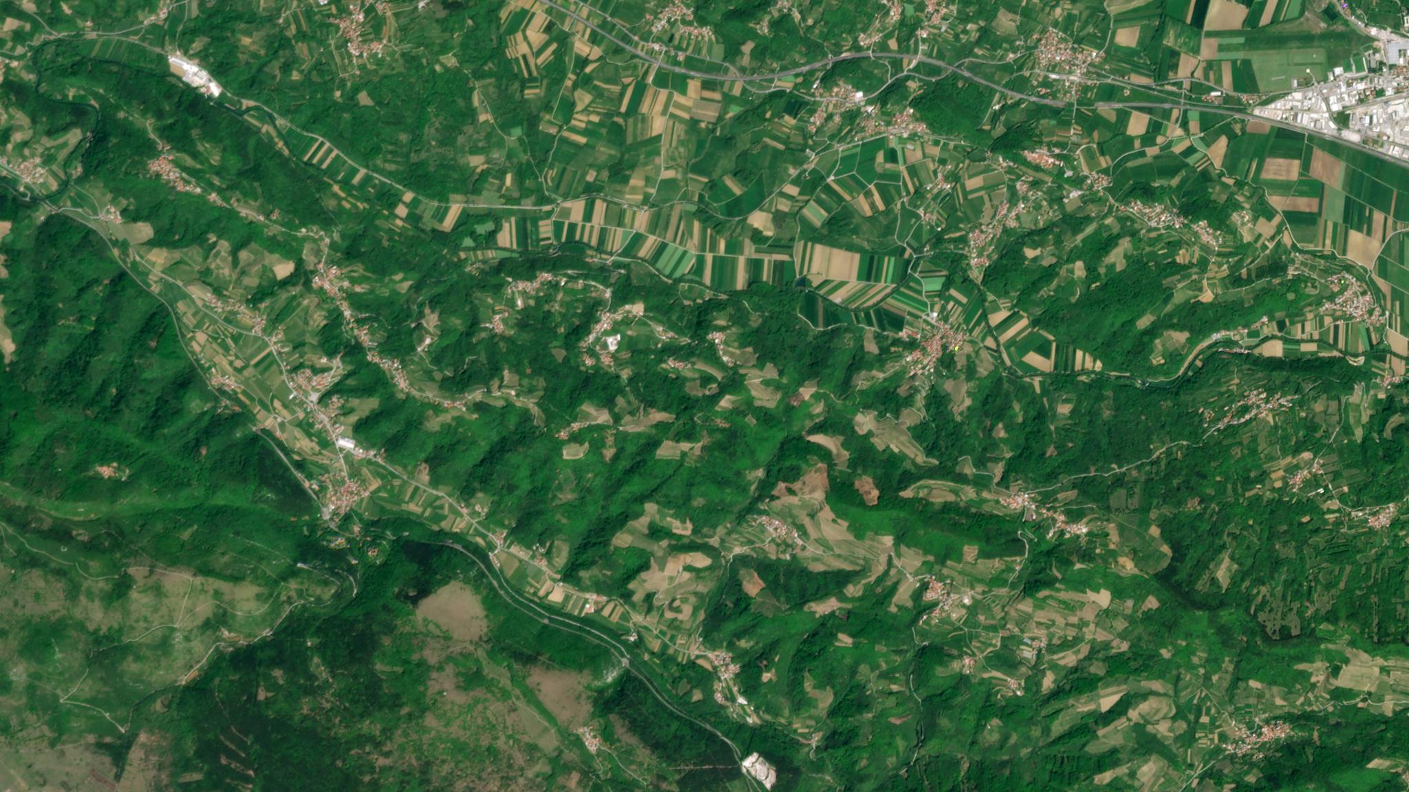 PlanetScope image of agricultural fields in Vipava Valley, Slovenia taken April 29, 2022. © 2022, Planet Labs PBC. All Rights Reserved.