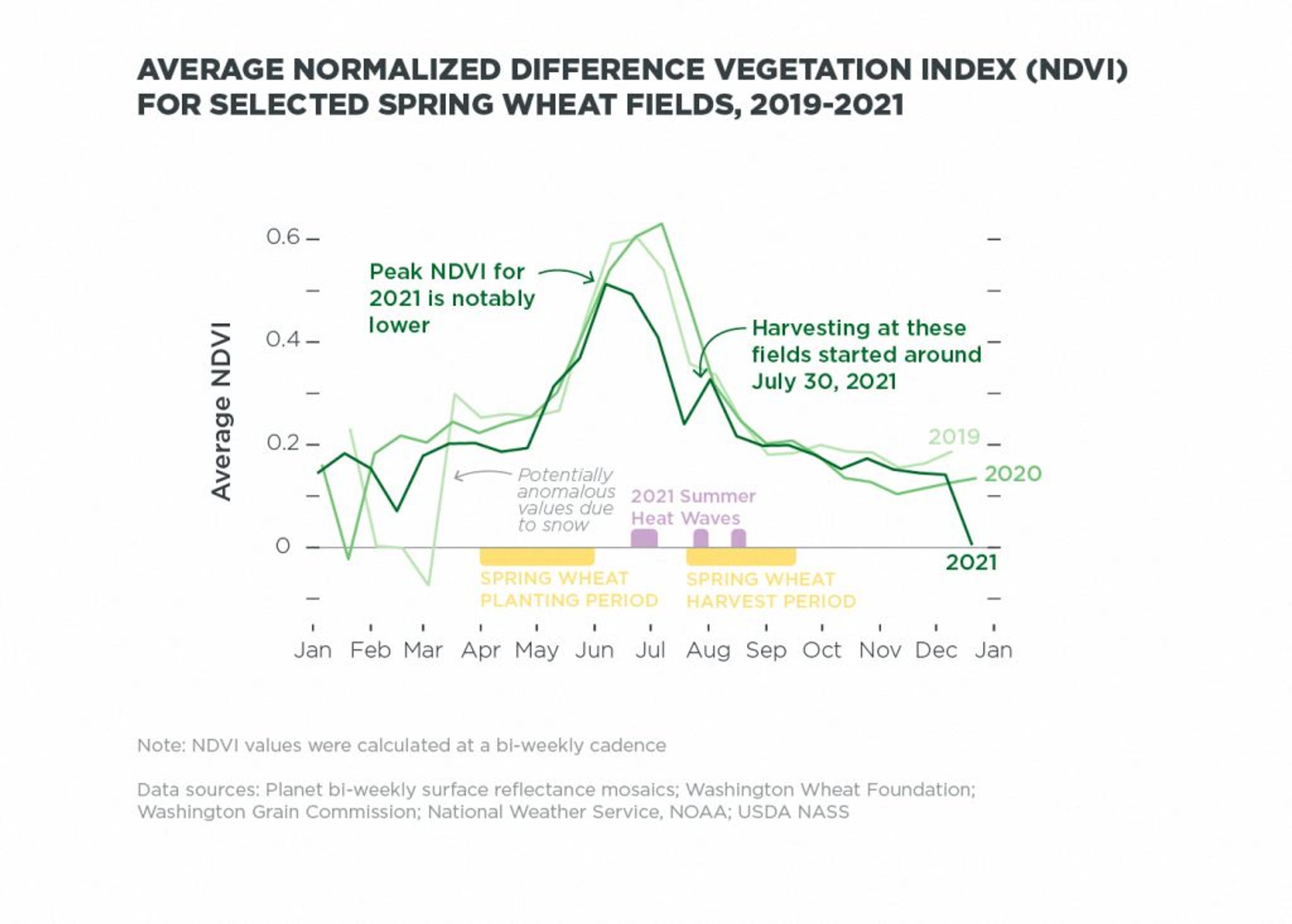 Using Planet’s bi-weekly surface reflectance mosaics, the average Normalized Difference Vegetation Index (NDVI) was calculated over a group of fields near Edwall, WA. While these fields appear to have been planted all three years, the NDVI peak was notably lower in 2021 — and was reached roughly a month earlier than the peak in 2020.