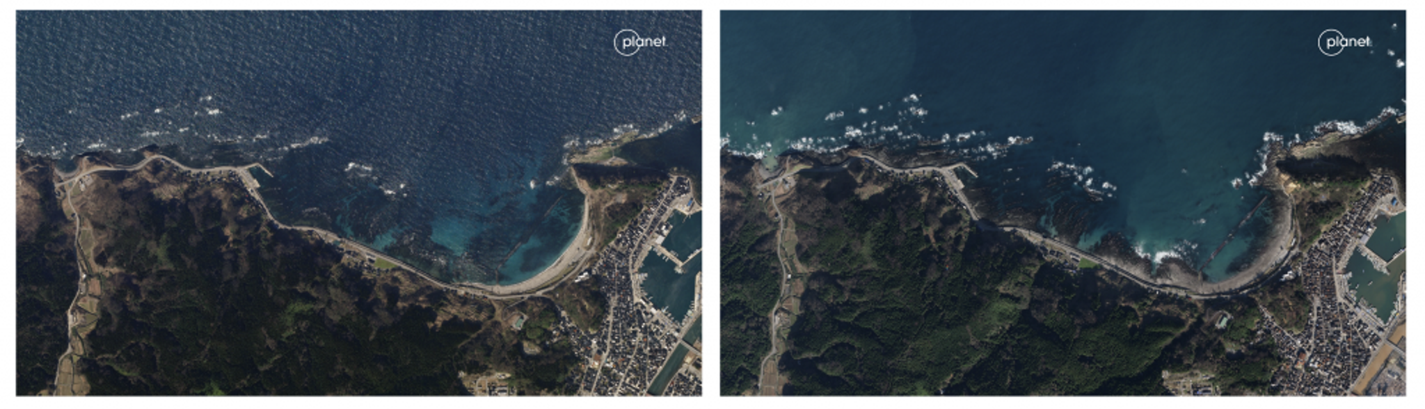 Left: Planet’s satellite imagery of the west coast line of Wajima Ishikawa Prefecture in Japan taken on March 2, 2022. © 2022 Planet Labs PBC. All Rights Reserved. Right: Planet’s satellite imagery of the west coast line of Wajima Ishikawa Prefecture in Japan taken on January 2, 2024. © 2024 Planet Labs PBC. All Rights Reserved.