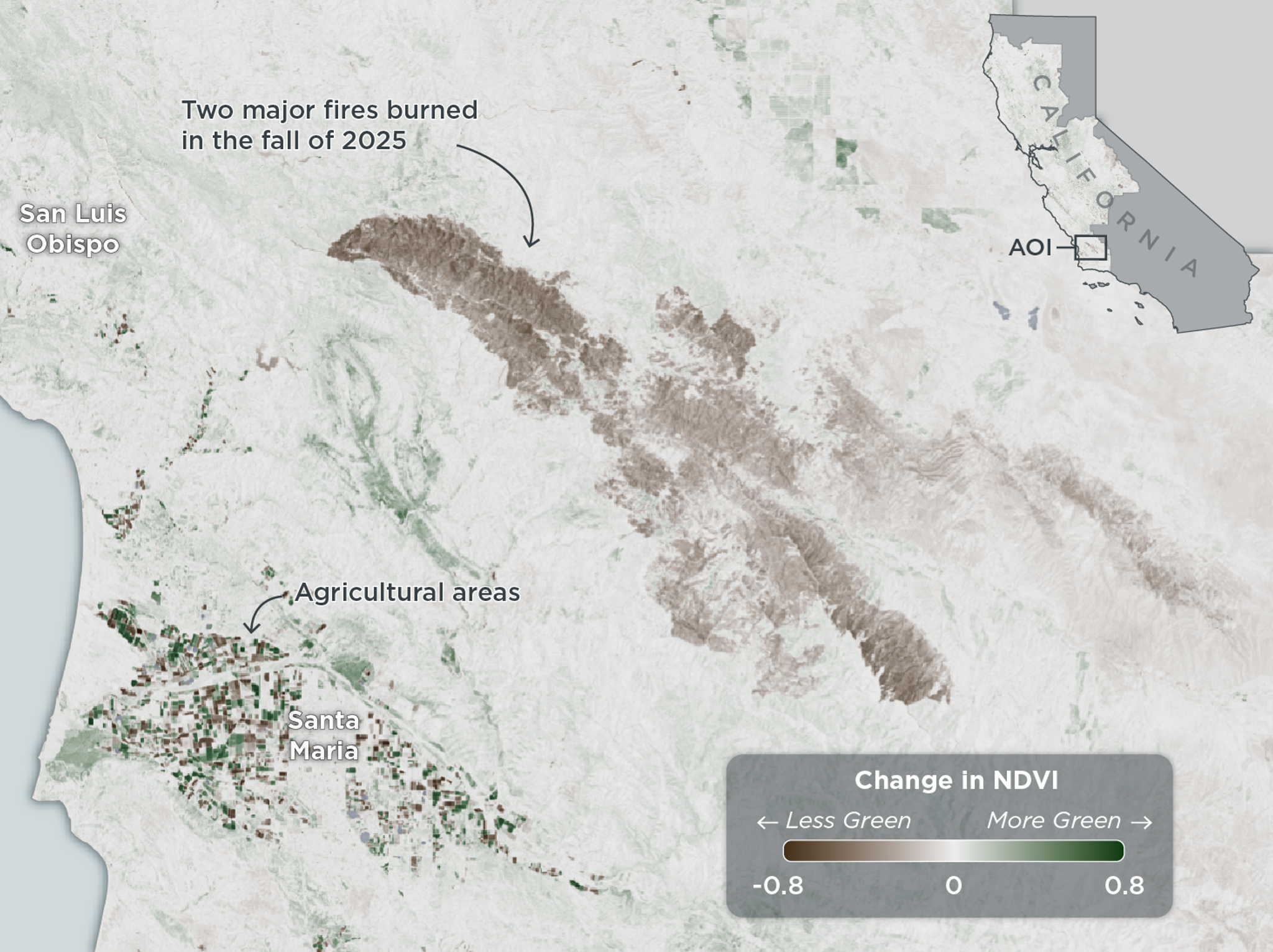 Comparison of Normalized Difference Vegetation Index (NDVI) between the weeks of October 21-27, 2024, and October 20-26, 2025. Coastline and elevation data from USGS.